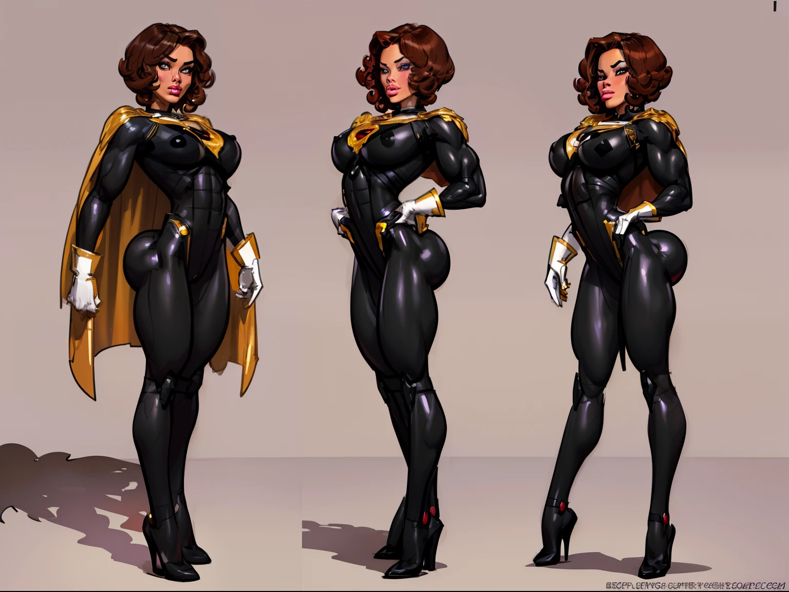 ((masterpiece)),(((best quality))),((character design sheet)), ((full body view)) illustration,1girl, muscular, ((black bodysuit:1.7)), superhero, (short curly red hair:1.5), (white cape:1.5) ((detailed face:1.4)) beautiful woman, (short curly hair:1.6) (small head:1.2), (flat breasts:1.3), (purple thigh highs:1.3), shiny skin, (gold logo on chest:1.4),scribbles and marks, (puffy lips:1.5), (full lips:1.4) (wide hips:1.3), big lips, detailed lips, (gold gloves:1.2) rough sketches, pose, 8k,16k, (simple background, white background: 1.3)