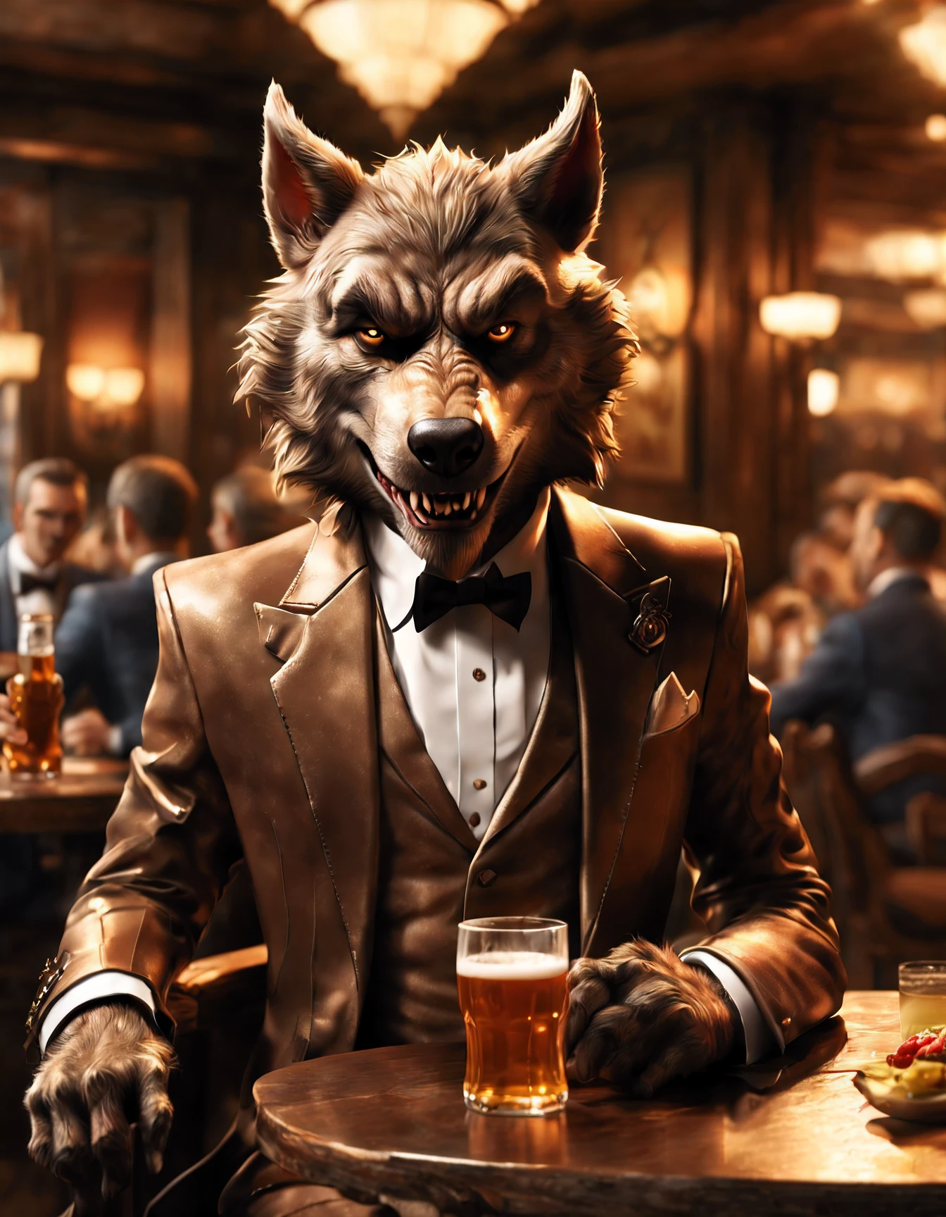 (masterpiece, best quality), detailmaster2, digital art of werewolf wear tuxedo, brown clothes, sitting in restaurant hold a beer, (highly detailed:1.3), (ray tracing:1.2), (global illumination:1.2), (ultra-detailed CG unity 8K wallpaper:1.3), sharp focus, film grain, (cinematic:1.2), fantasy art, surrealism