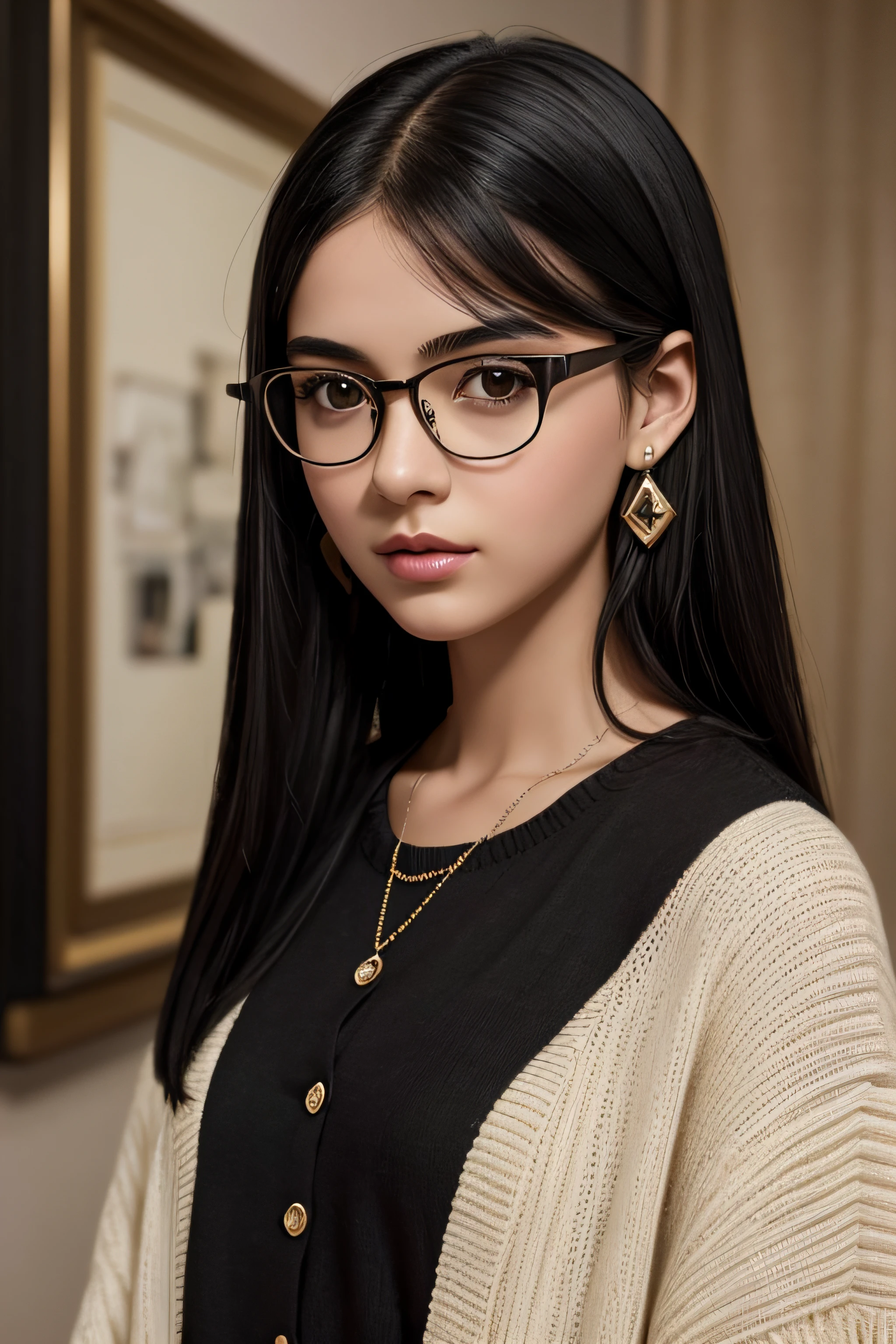 A girl with black hair, wearing eyeglasses and stud earrings, stands in a vintage setting. She exudes a feminine charm that captivates the viewer. The artwork is of the highest quality, with a resolution of 8K and a level of detail that makes it a masterpiece. The colors are rich and vibrant, with high saturation and deep shadows that create a dark and mysterious atmosphere. The lighting is carefully crafted, with delicate whitening effects that enhance the overall imagery. The girl's black hair is beautifully rendered, emphasizing its depth and texture. The eyeglasses and stud earrings are intricately detailed, showcasing their vintage design. The combination of the girl's appearance and the setting evokes a striking visual contrast, adding to the allure of the artwork.