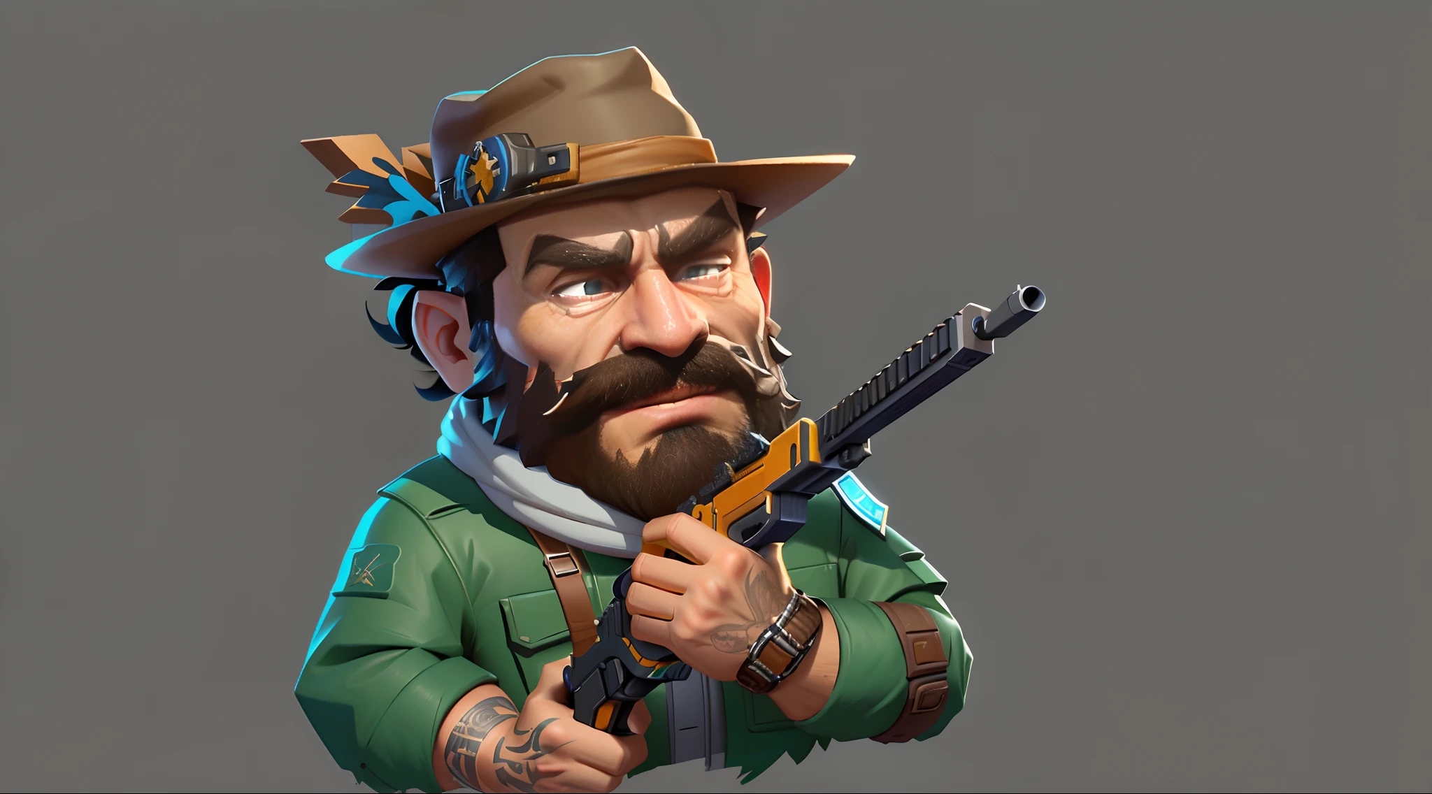 A cartoon character of a man with a gun and a hat, 3 d icon for mobile game, Stylized game art, highly detailed character, 3 d render stylized, game assets, stylized character, Game character, game icon stylized, Stylized 3 D, close up character, portrait of a rugged ranger, Game illustration, Game character art, high detail iconic character