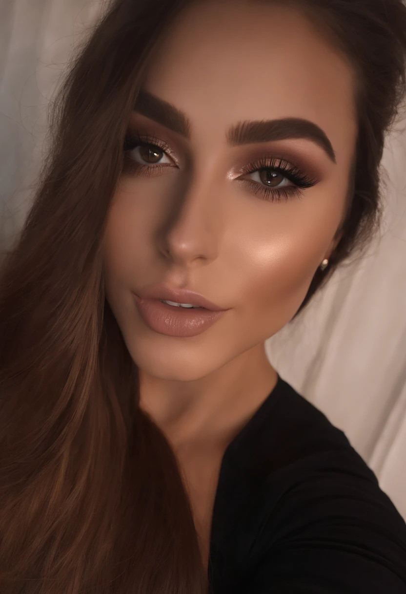 arafed frau mit schwarzen kleidern, Sexy girl with brown eyes, portrait sophie mudd, brown hair and big eyes, Selfie einer jungen Frau, Augen im Schlafzimmer, Violet Myers, ohne Make-up, Natural makeup, Blick direkt in die Kamera, Gesicht mit Artgram, dezentes Make-up, Stunning full body shot, im Schlafzimmer, Spaltung