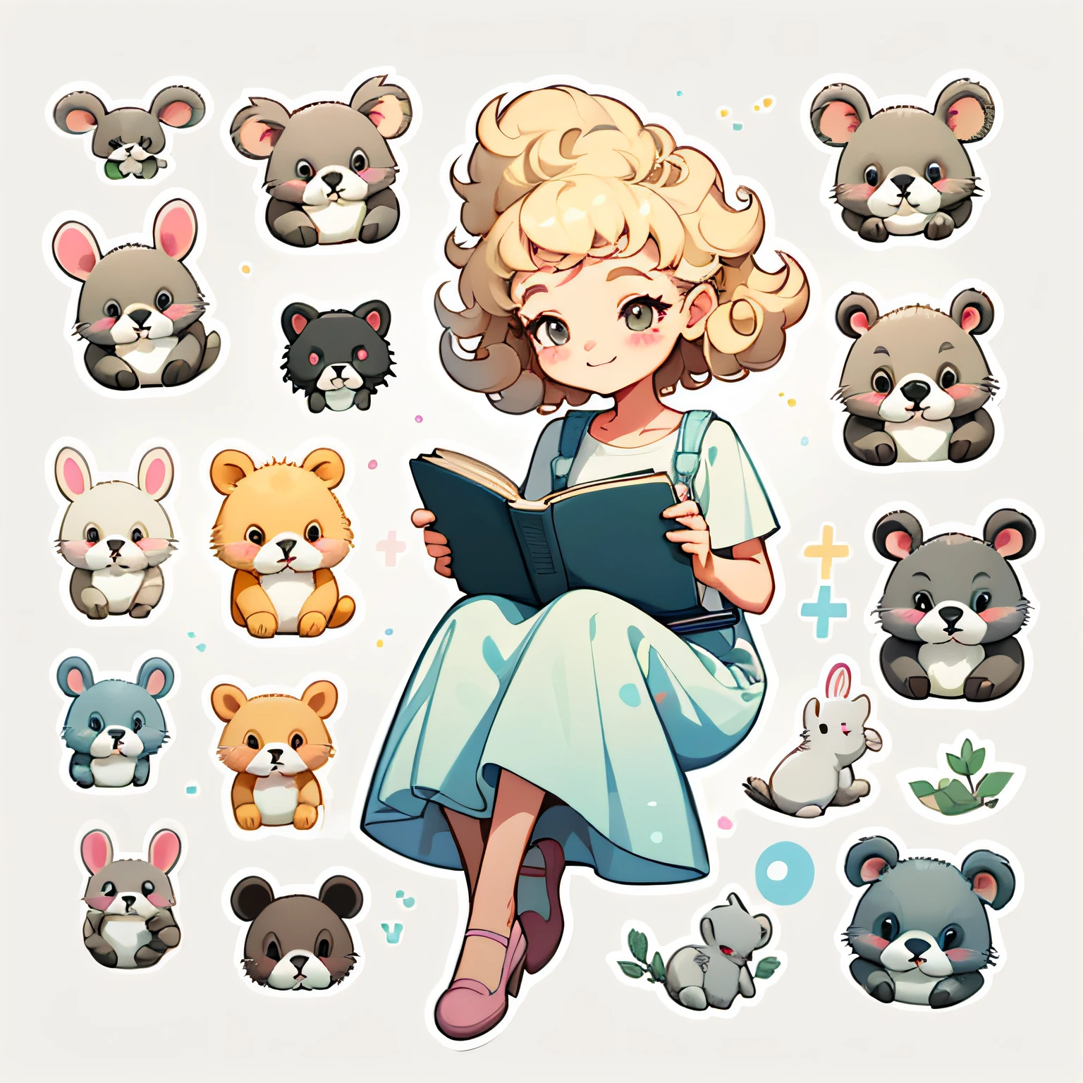 1 sticker, handbook, (sticker, a stylish young girl, model, short curly blonde hair), (smiling) light background, simple background, minimal, tiny, vector style, no gradient, pretty pastel pink sundress, reading a book, koalas bunnys companion