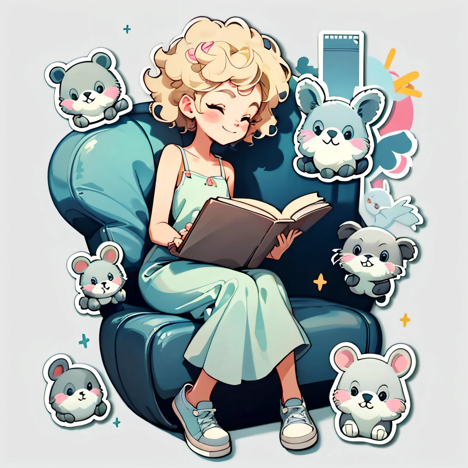 1 sticker, handbook, (sticker, a stylish age girl, model, short curly blonde hair), (smiling) light background, simple background, minimal, tiny, vector style, no gradient, pretty pastel pink sundress, reading a book, koala bunny hybrid companion