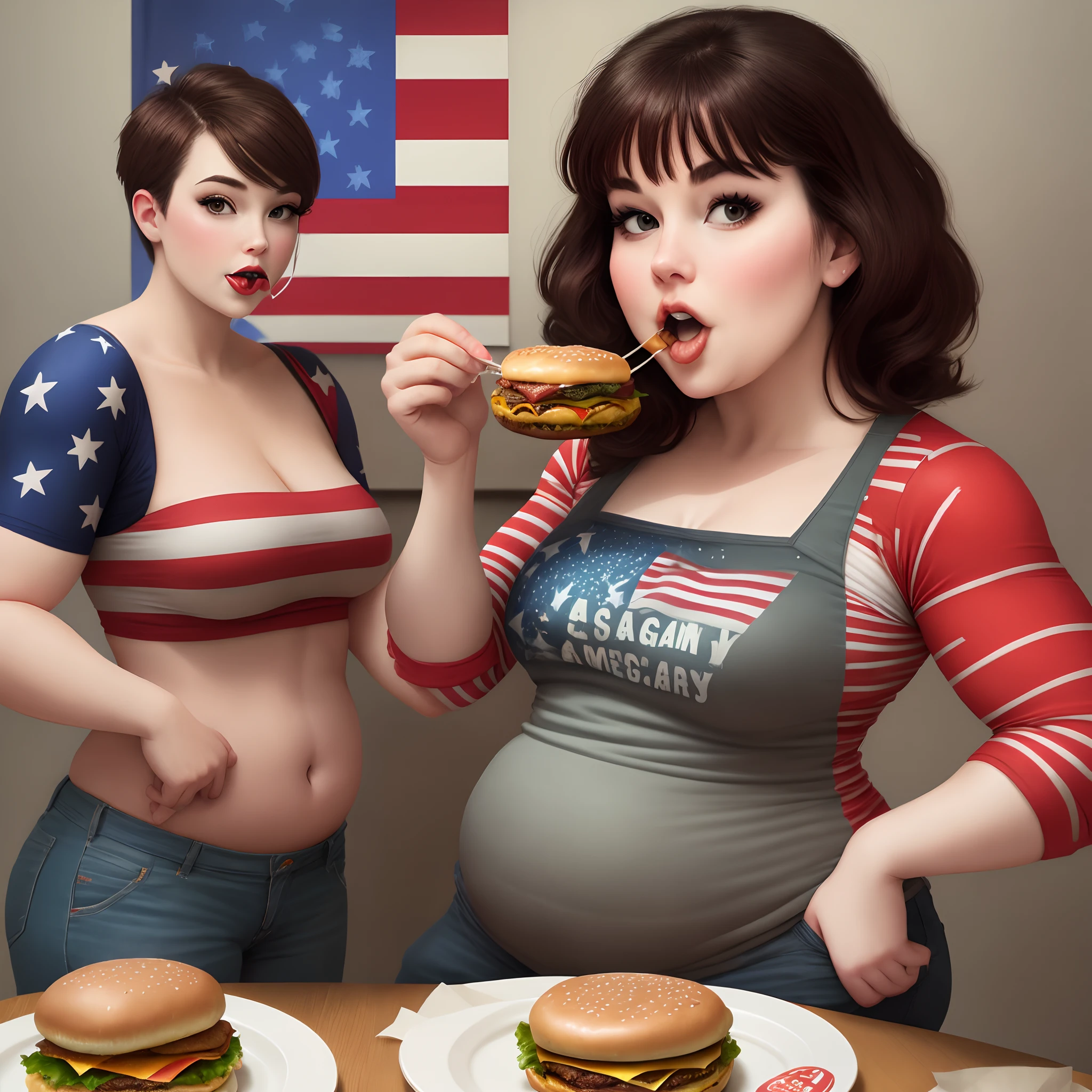 young woman, wearing crop top dirty, enge shorts, light skin, brown eyes, Eyes look straight ahead, Eyes are almond-shaped, shoulder long hair, black hair, oily hair, eats fast food, Woman lying on the bed, messy, Woman East 1,60 meters tall, Weight 75 kilograms, soft skin, flabby skin, plump, belly peeks out, soft cheeks, chubby, she almost touched her stomach with her right hand, she burps, plumper körper