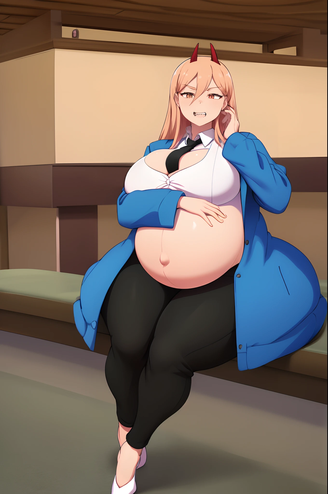 (masterpiece, best quality:1.2), cowboy shot, solo, 1girl, power \(csm\), sharp teeth, grin, looking at viewer, cross-shaped pupils, blue jacket, collared shirt, black necktie, black pants, wide hips, thick thighs, huge ass, enormous huge natural breasts, cleavage, mature mom, floating hearts, animification, pregnant, sitting.