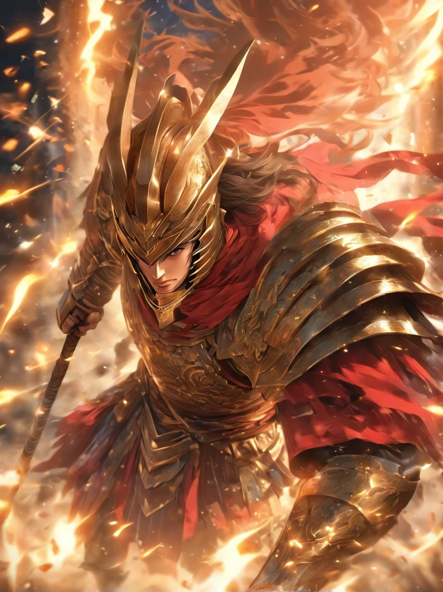 Inspired by Zhao Yun，Mikuni Shima Chao，Riding a war horse，ride horse，Horse armor，With a spear in his hand，longspear，Red show spear，armour，Flying，Exudes a powerful aura ，2K, best qualtiy，Masterpiece, Super detail, High details,Well-made beard,，（High- sharpness，ultra - detailed）， tmasterpiece， 独奏, High detail, (A high resolution, ultra - detailed), Cinematic lighting, Motion blur, Ray tracing, reflective light, (Close-up), Masterpiece, Best quality, High quality, Anatomically correct, Textured skin, High details, Super detail, 1080p, hyper HD,