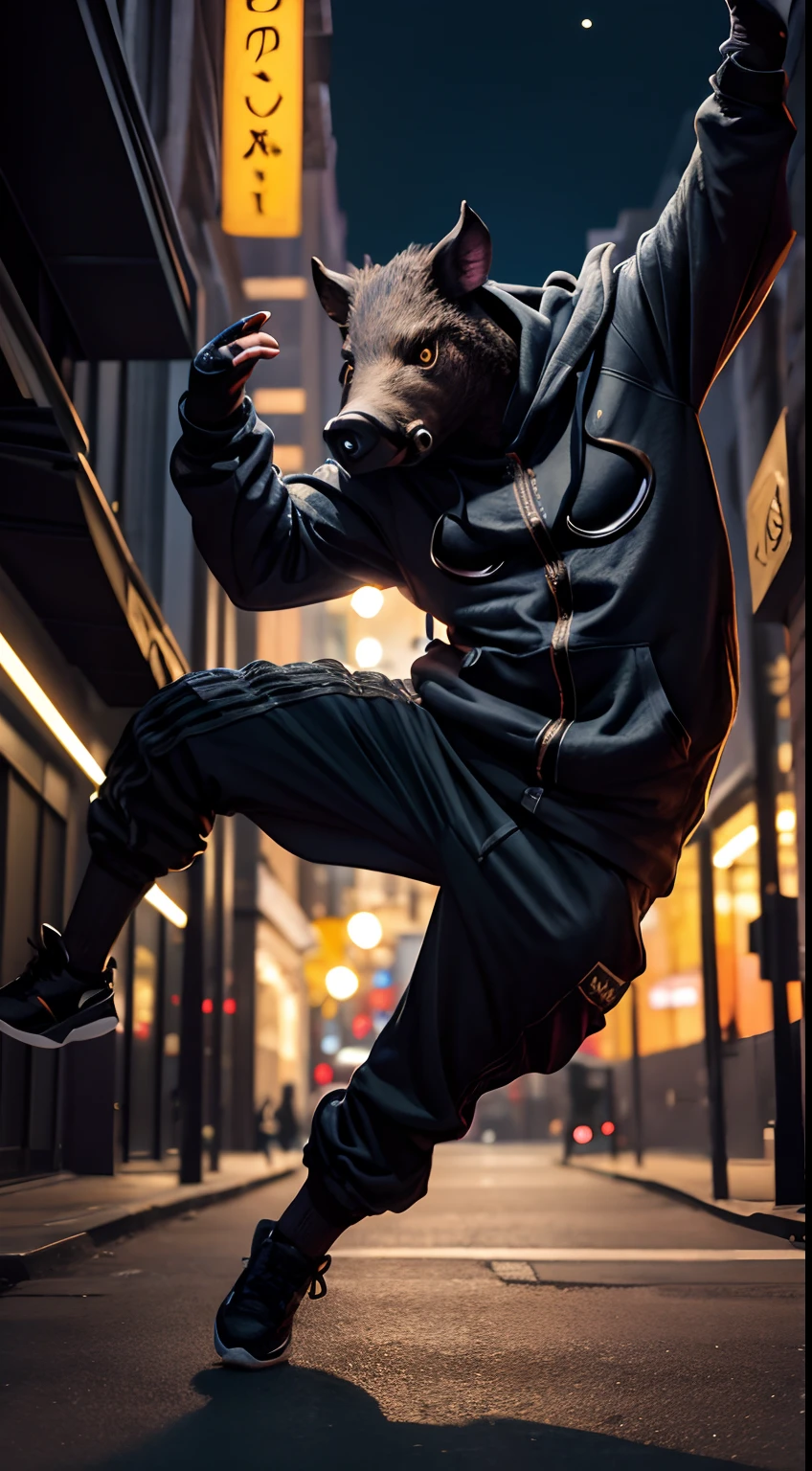 wild boar mask creature, hoodies, half body, breaking dance pose, cyber city, night, masterpiece, ultra high quality, abstract background