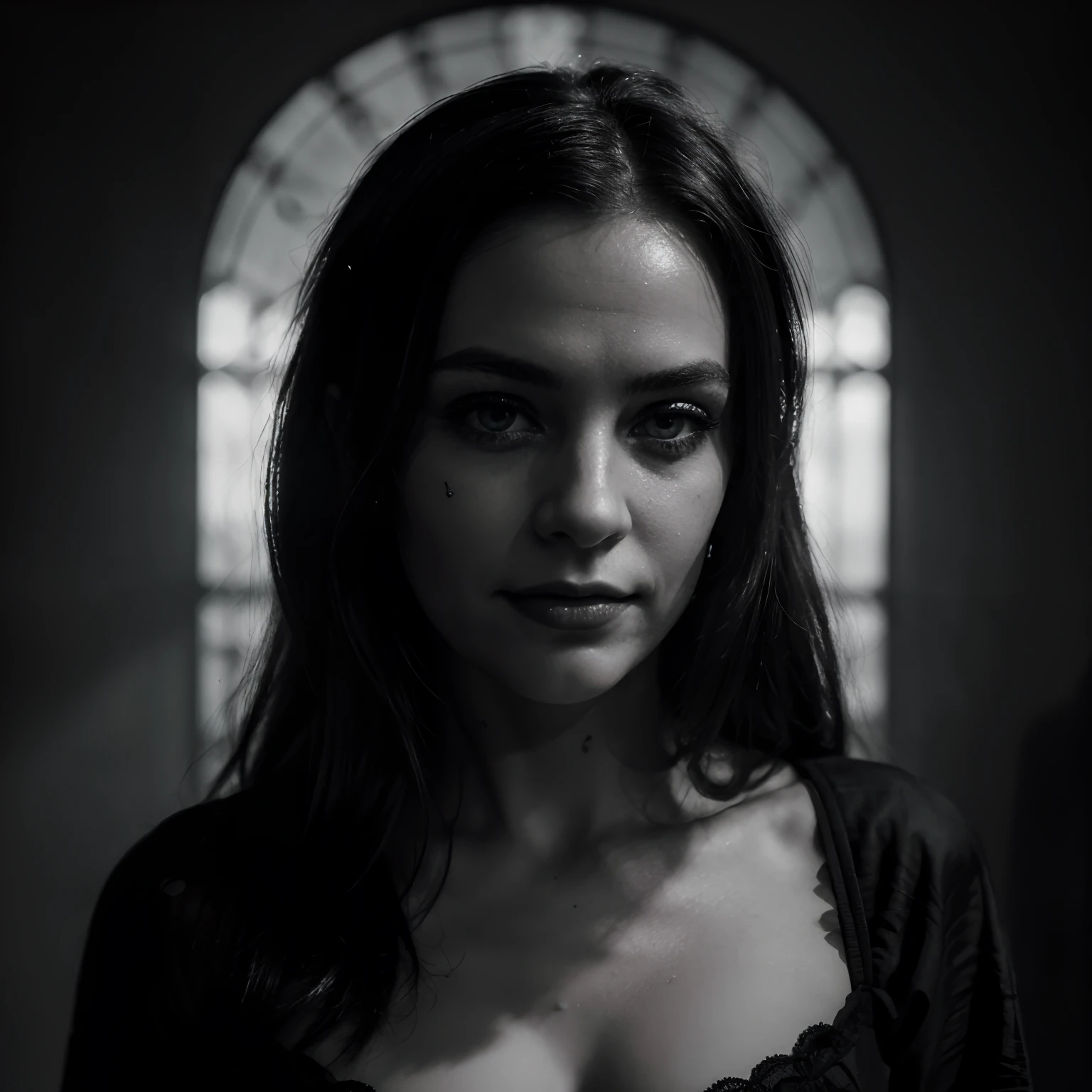 (best quality,highres,masterpiece:1.2),darker tone,portrait,stylized,monochrome,sharp focus,professional,mesmerizing eyes,sarcastic smile,intense gaze,sombre atmosphere,detailed facial features,whimsical background,mysterious lighting,subtle shadows,sublime composition,gothic aesthetic