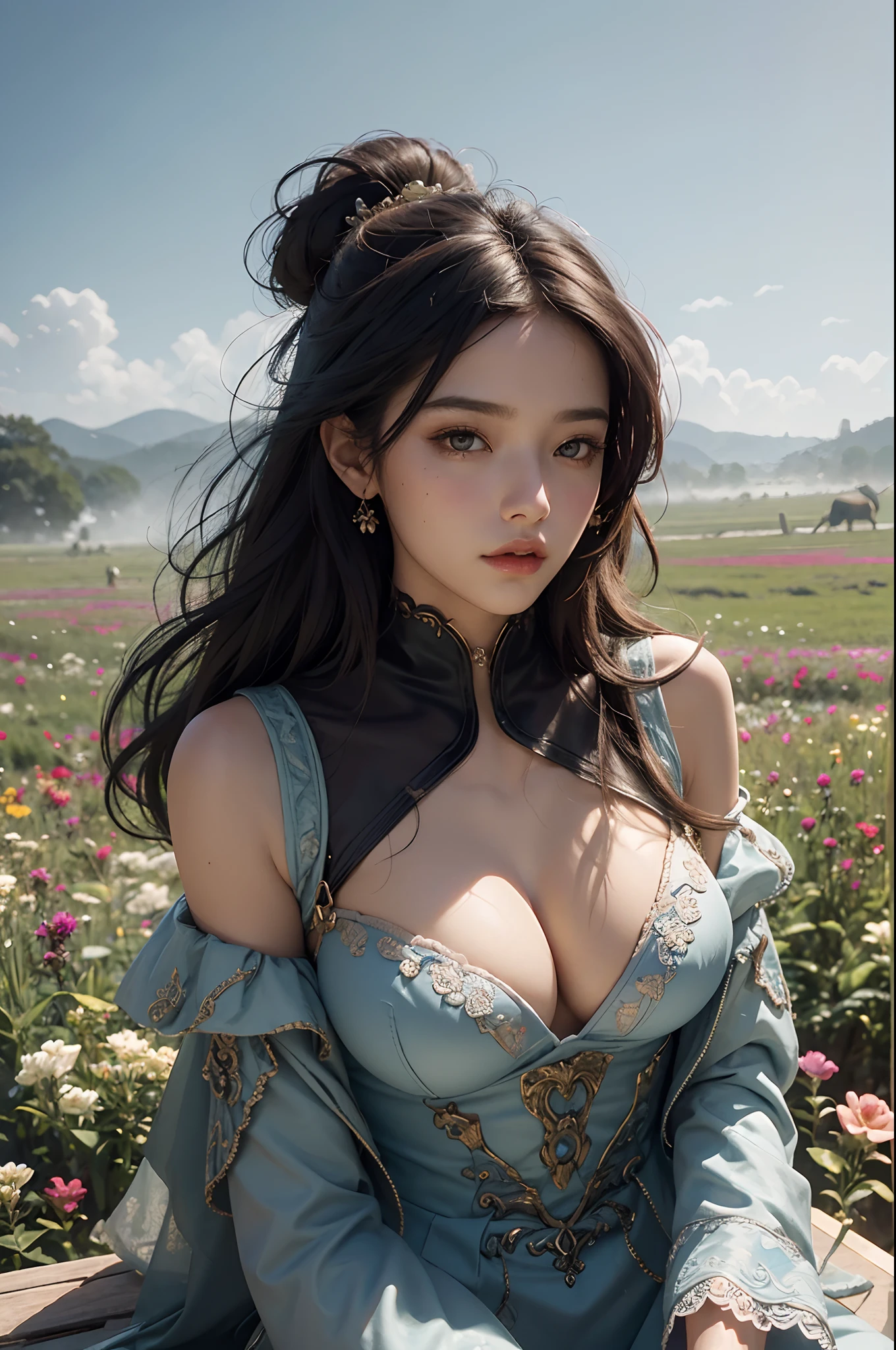 Gorgeous busty DIETY OF flowers,sitting on a field of flowers,looking up,ethereal form,sexy and sultry,voluptuous,messy bun hair,french kace FLOWING DEEP V dress,Fantasy Dream Art,reminiscent of a blend between deco steampunk and futuristic aesthetics,mist silhouette,top view,light,mist,moody,petal vortices,windy,mysterious,glossy hair,earthy,vivid,Abstract Neoralism,cinematic,Film light,Hyper detailed,Hyper realistic,masterpiece,atmospheric,High resolution,Vibrant,High contrast,dark angle,8k,HDR,500px,FUJIFILM,bokeh,photo r3al,aesthetic portrait,aw0k euphoric style,p3rfect boobs