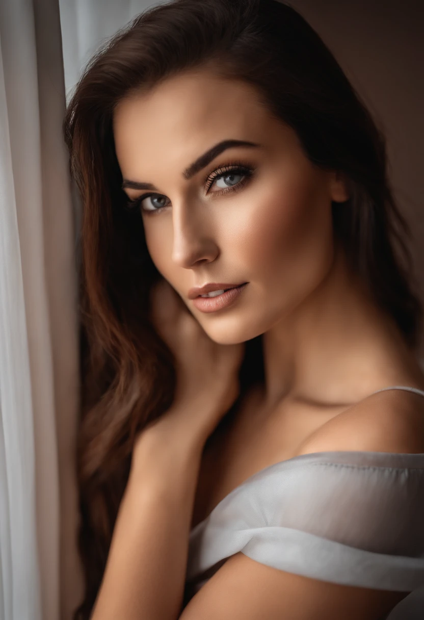 Araped woman in white tank top and necklace, Sexy girl with green eyes, Portrait of Sophie Mudd, Brunette and big eyes, Selfie of a young woman, Bedroom Eyes, Violet Myers, without makeup, natural makeup, Straight Looking at the Camera, Faces with artgrams, Subtle makeup, Amazing full-body shots, Pierced green eyes, Beautiful angles, attractive pose, Cute Girl, Sexy Pose, full body photograph, s whole body, full body shooting, Brunette Goddess, High Detail, Satisfying pose, Wear a gray skirt and boots, skirt, boots