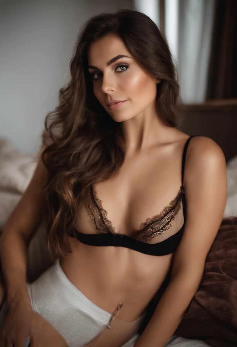 arafed frau mit schwarzen kleidern, Sexy girl, pretty face with brown eyes, portrait, brown hair and big eyes, Selfie einer jungen Frau, Augen im Schlafzimmer, ohne Make-up, Natural makeup, Blick direkt in die Kamera, Gesicht mit Artgram, dezentes Make-up, Stunning full body shot, im Schlafzimmer, Spaltung