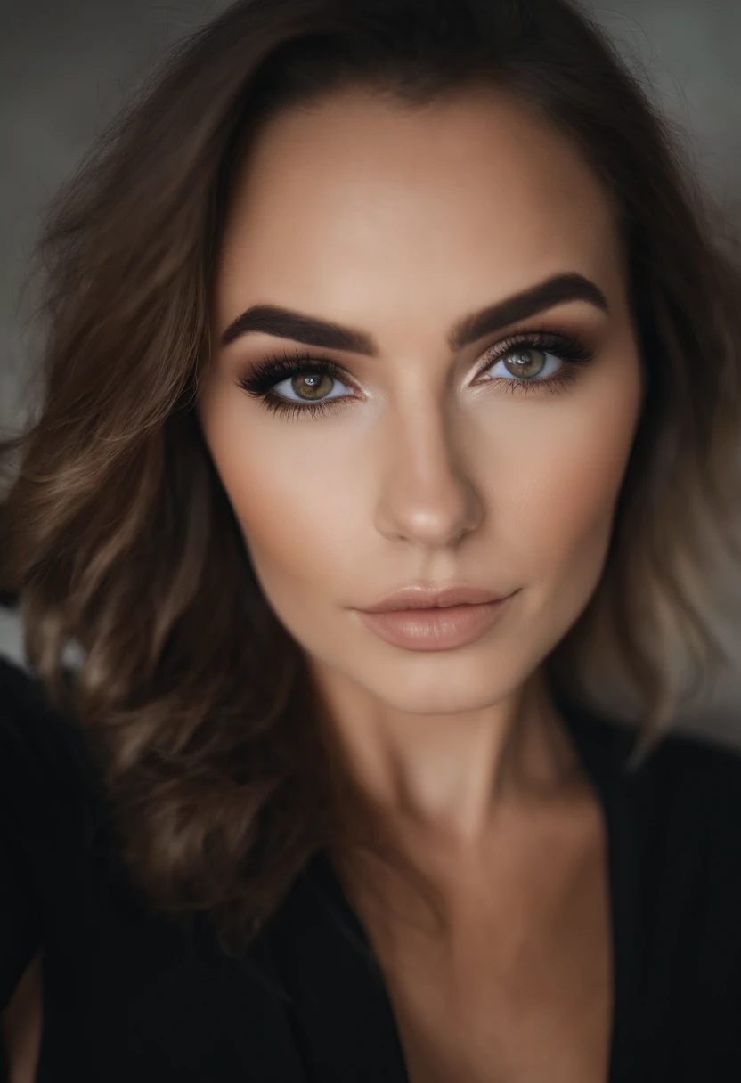 arafed frau mit schwarzen kleidern, Sexy girl, pretty face with brown eyes, portrait, brown hair and big eyes, Selfie einer jungen Frau, Augen im Schlafzimmer, ohne Make-up, Natural makeup, Blick direkt in die Kamera, Gesicht mit Artgram, dezentes Make-up, Stunning full body shot, im Schlafzimmer, Spaltung