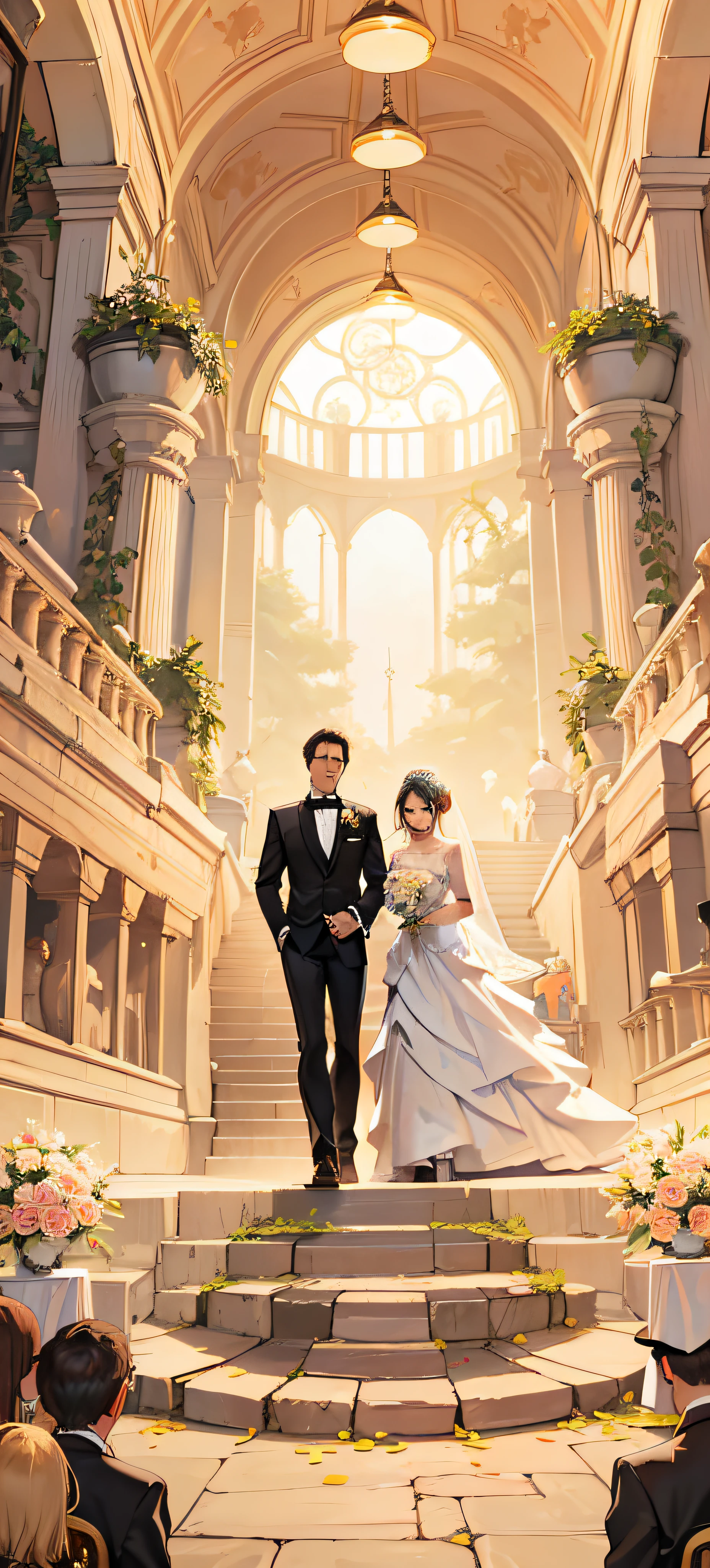 A man in a black suit leads a woman in a wedding dress,At the wedding site,There are masses around,High res,4K