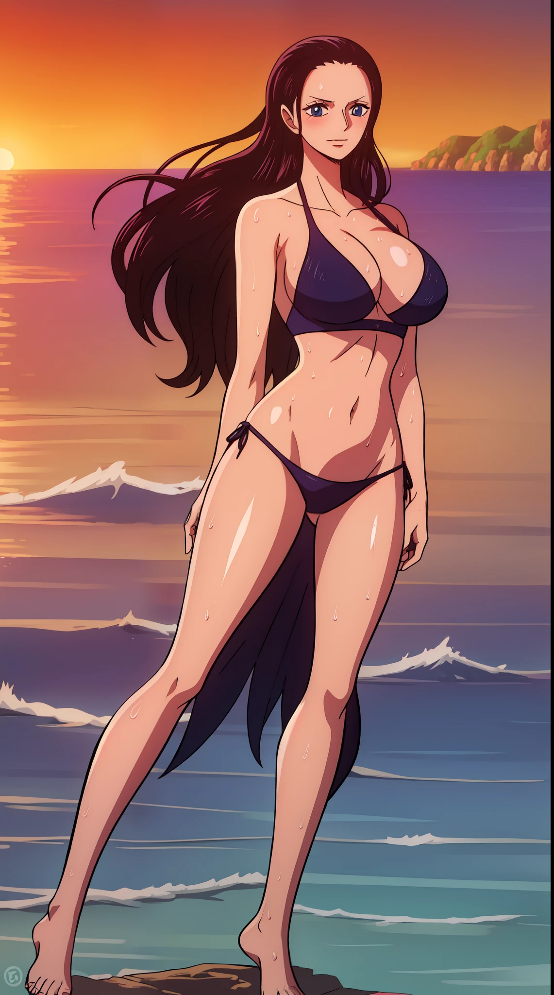 Nico Robin from one piece, black long hair, blue eyes, dark wide pupils, blushing, big breasts, side boobs, wearing thong bikini, standing in the beach, dynamic view, dynamic pose, joyful expression, sunrise, shiny skin, wet body,