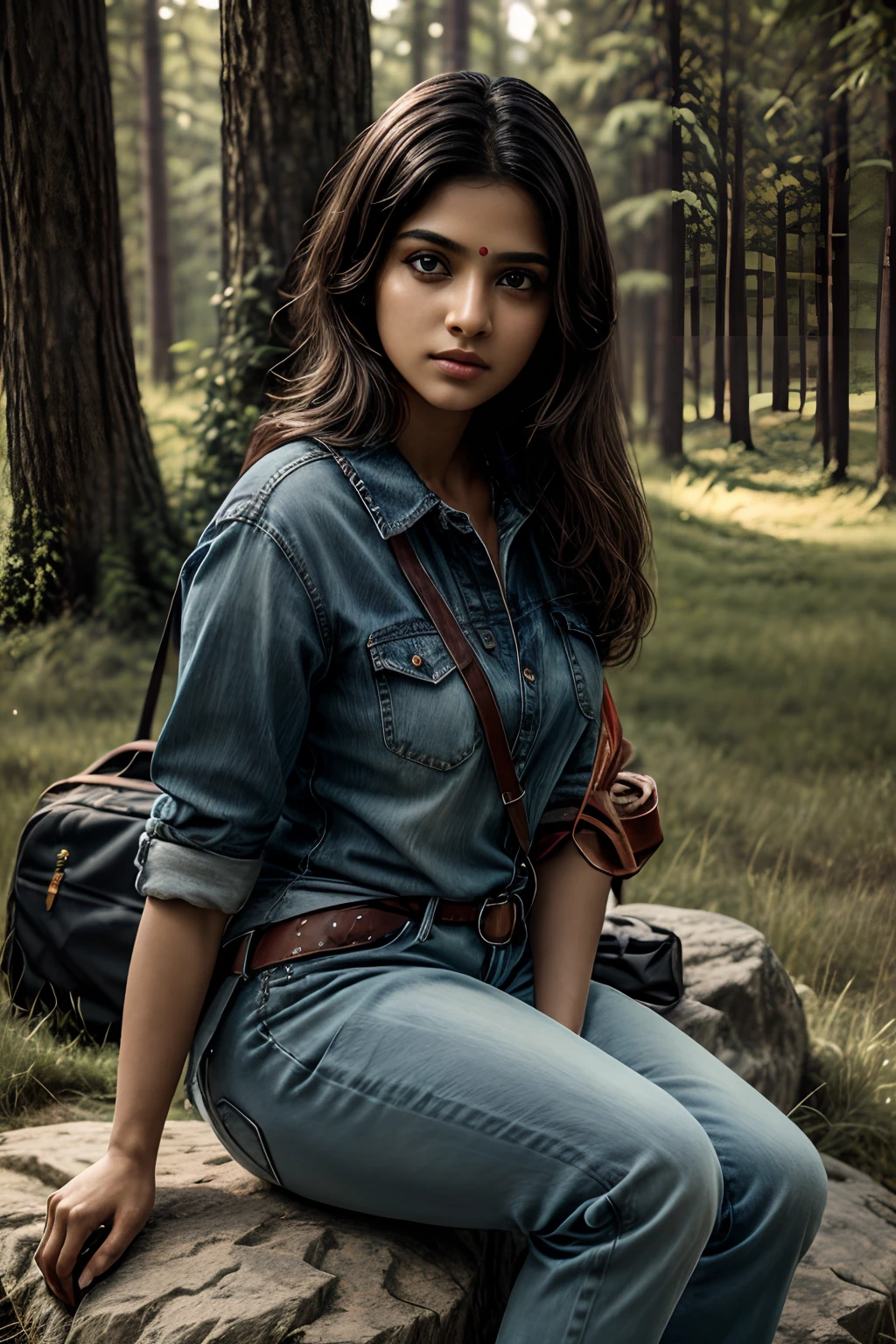 (masterpiece, best quality, realistic, detailed), portrait, (symmetrical:1.2),dramatic, film grain, 1 beautiful young indian woman, beautiful eyes, real skin texture, highly detailed skin, looking at viewer, casual clothes, jeans pant, sitting on a rock, holding a guitar, outdoors, trees, grass, green bushes, on shot on Fujifilm Superia 400, particles, soft rays,cinematic composition