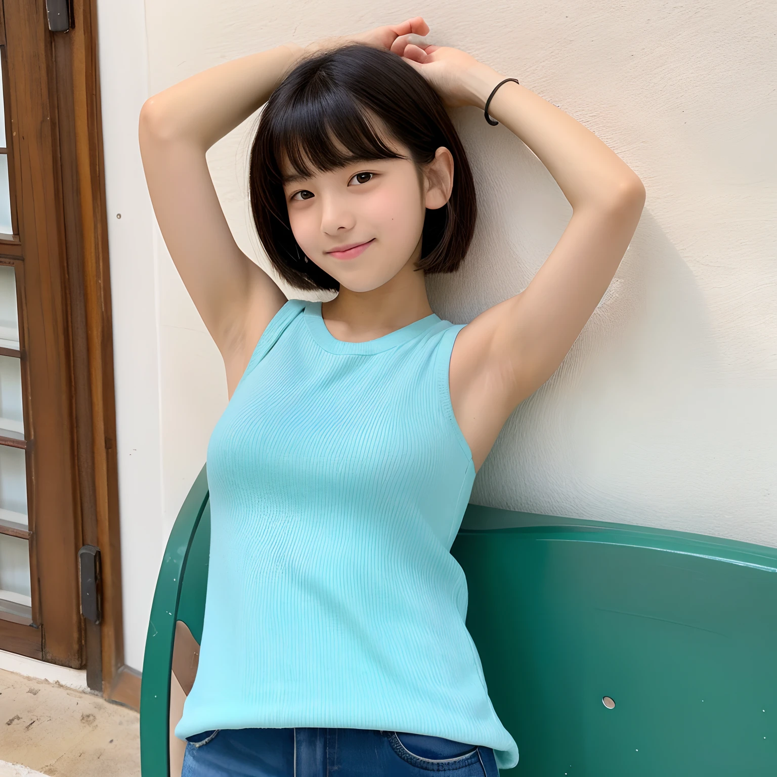 Middle School Sleeveless Arm Up Short Hair Girl Home