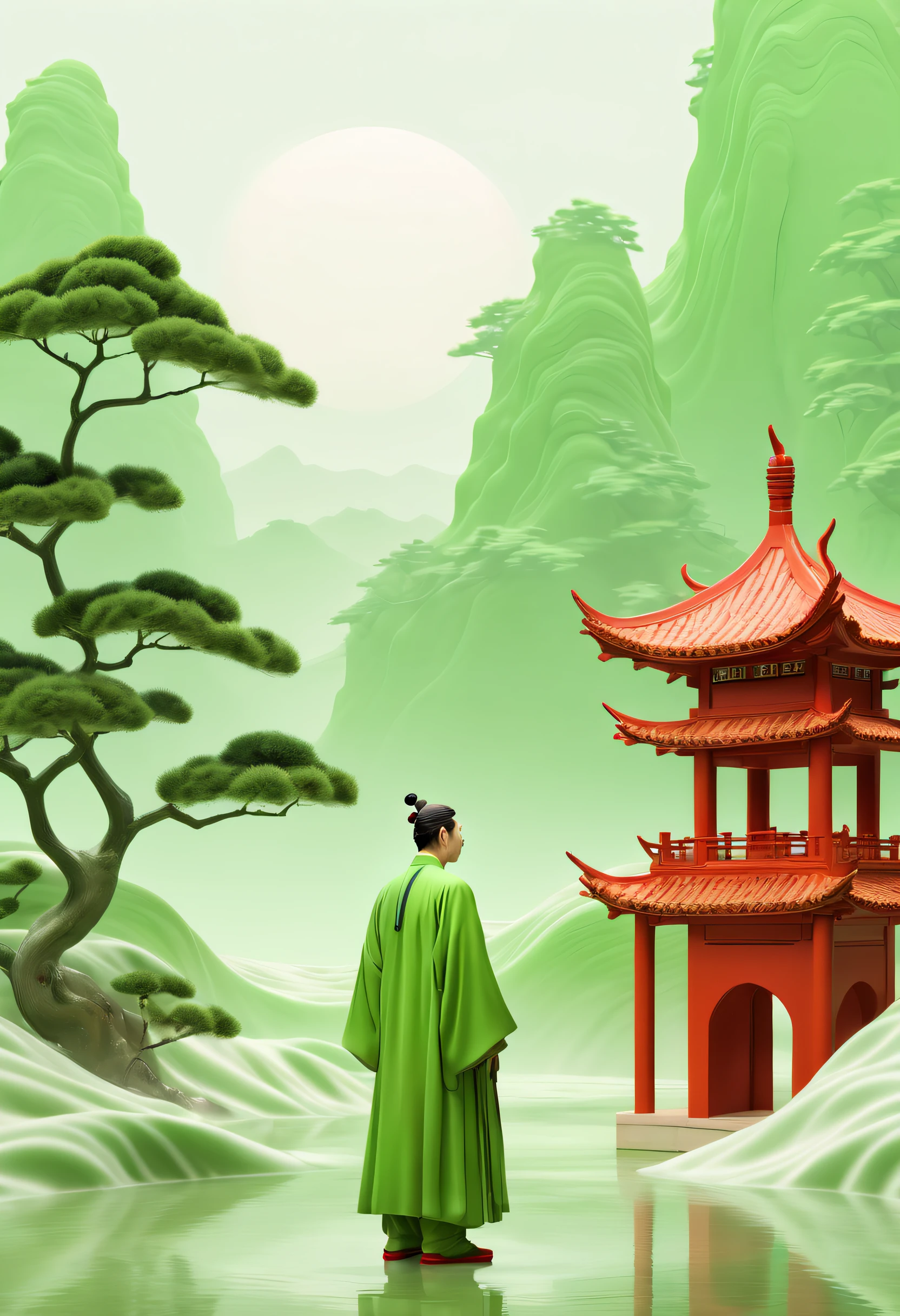 A man in Hanfu stands next to a red man-made structure in flowing landscapestyle, Song Dynasty Gongbi landscape painting, rendered in cinema4d, organicflowing form, lunar surface, light green and white, Mediterranean landscape.wavy resin sheet