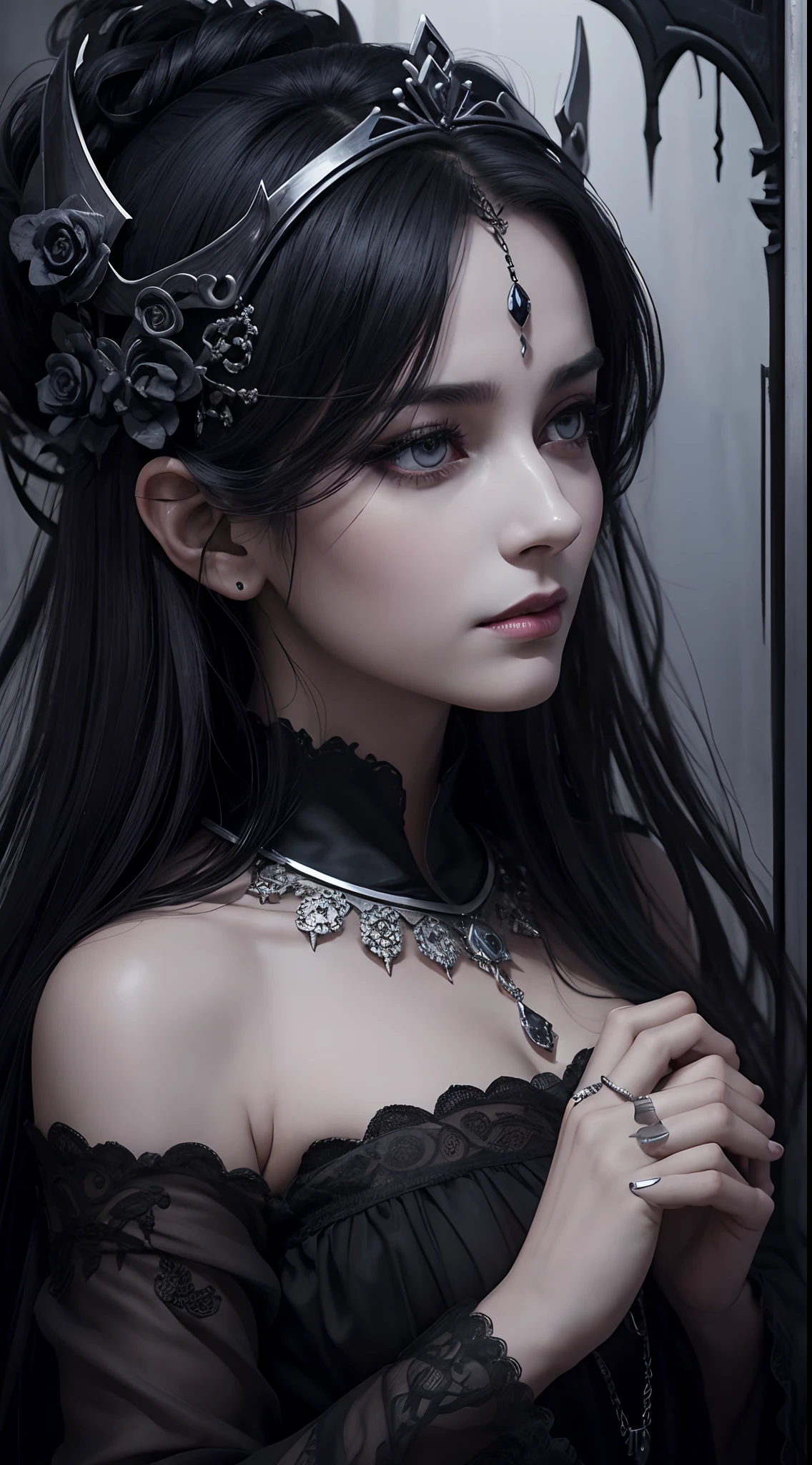 **(best quality,4k,8k,highres,masterpiece:1.2),ultra-detailed,realistic,oriental gothic girl,beautiful detailed eyes,beautiful detailed lips,extremely detailed eyes and face,long black hair,very detailed dress,dark atmosphere,dramatic pose,stunning background,shadowy lighting,vivid colors**