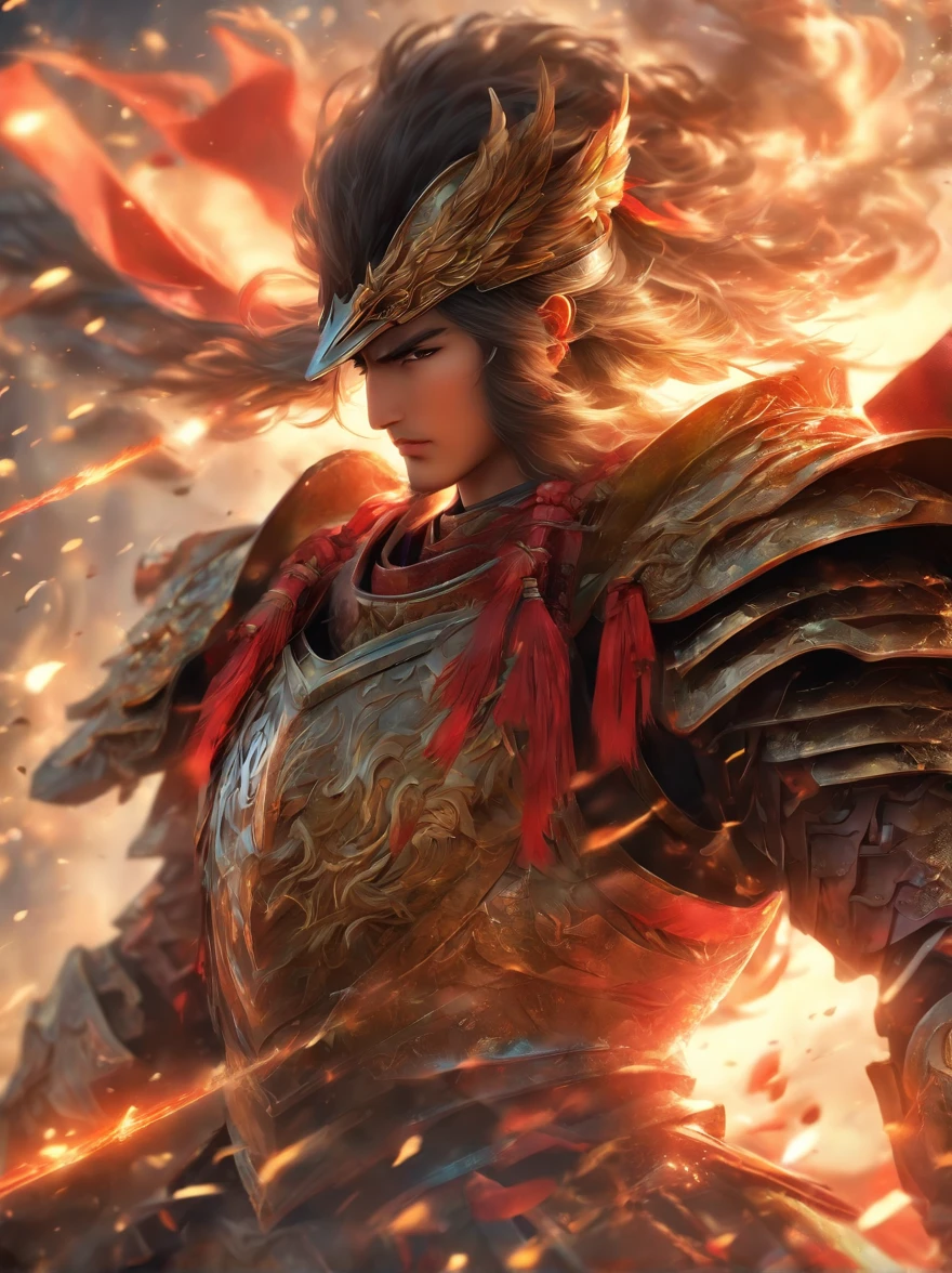 Inspired by Zhao Yun,Mikuni Shima Chao,Riding a war horse,ride horse,Horse armor,With a spear in his hand,longspear,Red show spear,armour,Flying,Exudes a powerful aura ,2K, best qualtiy,Masterpiece, Super detail, High details,Well-made beard,,(High- sharpness,ultra - detailed), tmasterpiece, 独奏, High detail, (A high resolution, ultra - detailed), Cinematic lighting, Motion blur, Ray tracing, reflective light, Masterpiece, Best quality, High quality, Anatomically correct, Textured skin, High details, Super detail, 1080p, hyper HD,