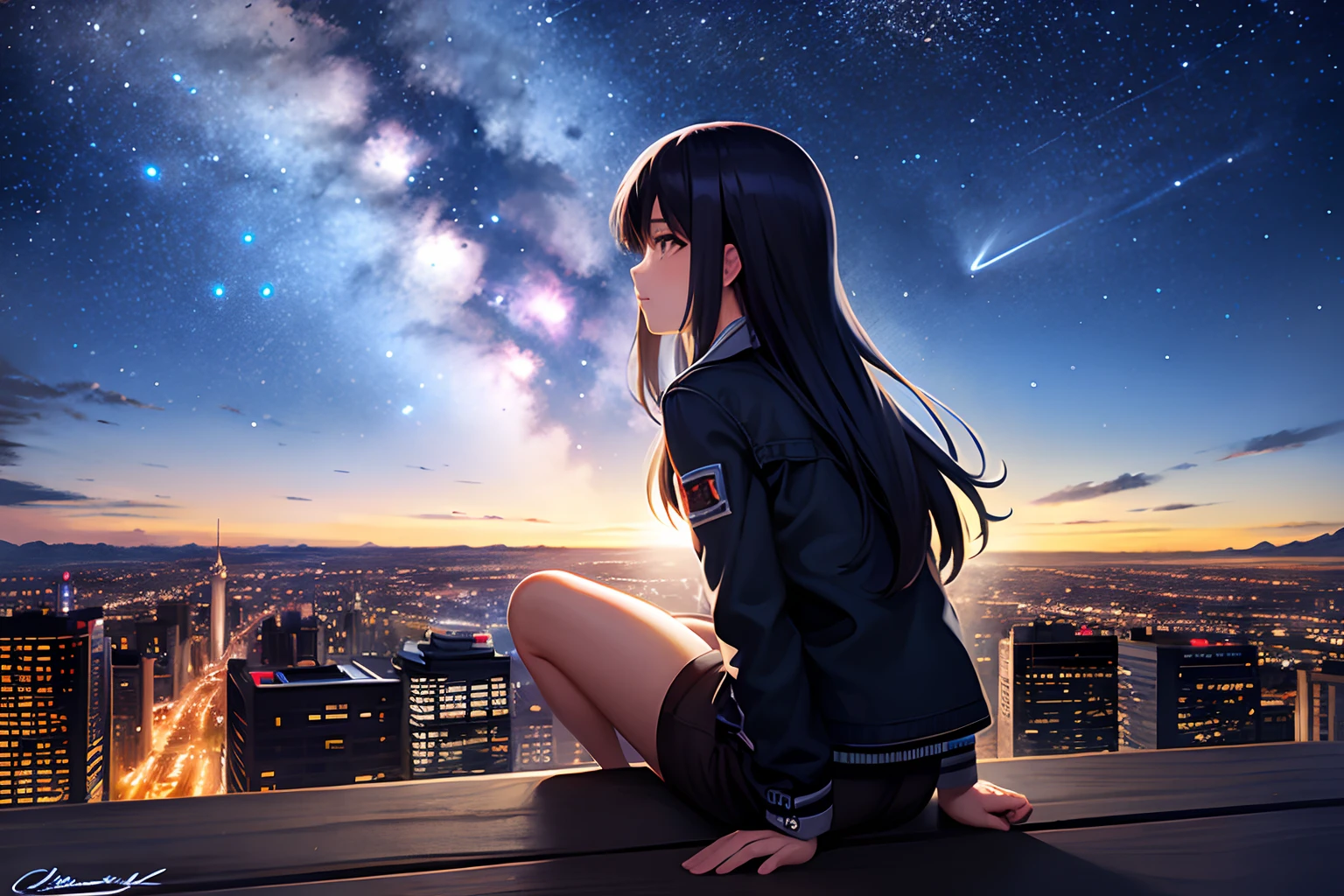 octane, sky, Star (sky), scenery, Starry sky, Night, 1girll, Night sky, Solo, Outdoors, signatures, Building, Cloud, Milky Way, Sitting, tree, Long hair, City, Silhouette, Cityscape