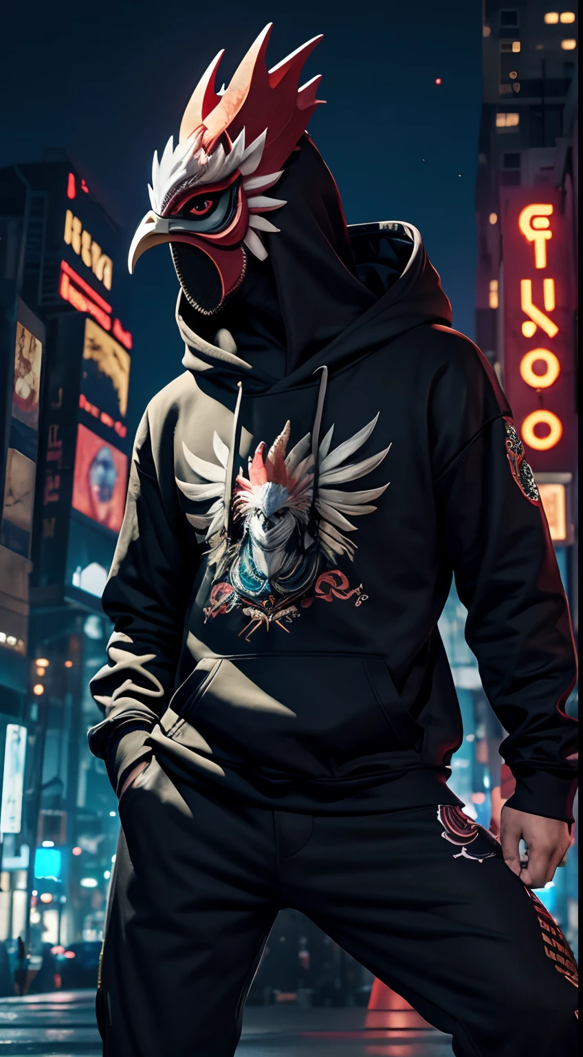 rooster mask creature, hoodies, half body, breaking dance pose, cyber city, night, masterpiece, ultra high quality, abstract background