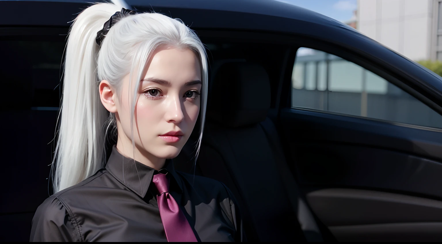 meimei2, 1woman, ponytail, black shirt, necktie, upper body, extremely beautiful face, realistic, detailed face