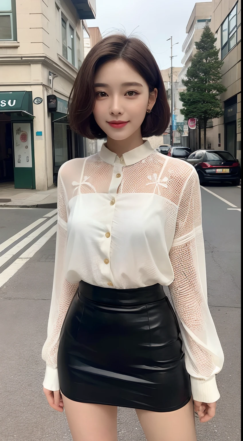((best qualtiy,8K,tmasterpiece:1.3)),Perfect beauty:1.4,glute:1.2,(Layered Hair Style:1.2)),(the street:1.3),Highly Detailed Face and Skin Textur,full bodyesbian,Elaborate Eyes,二重まぶた,Whitens the skin,Short wave hair,Cute Korean beauty(with a round face:1.5),(Black top,short skirt:1.6)ssmile