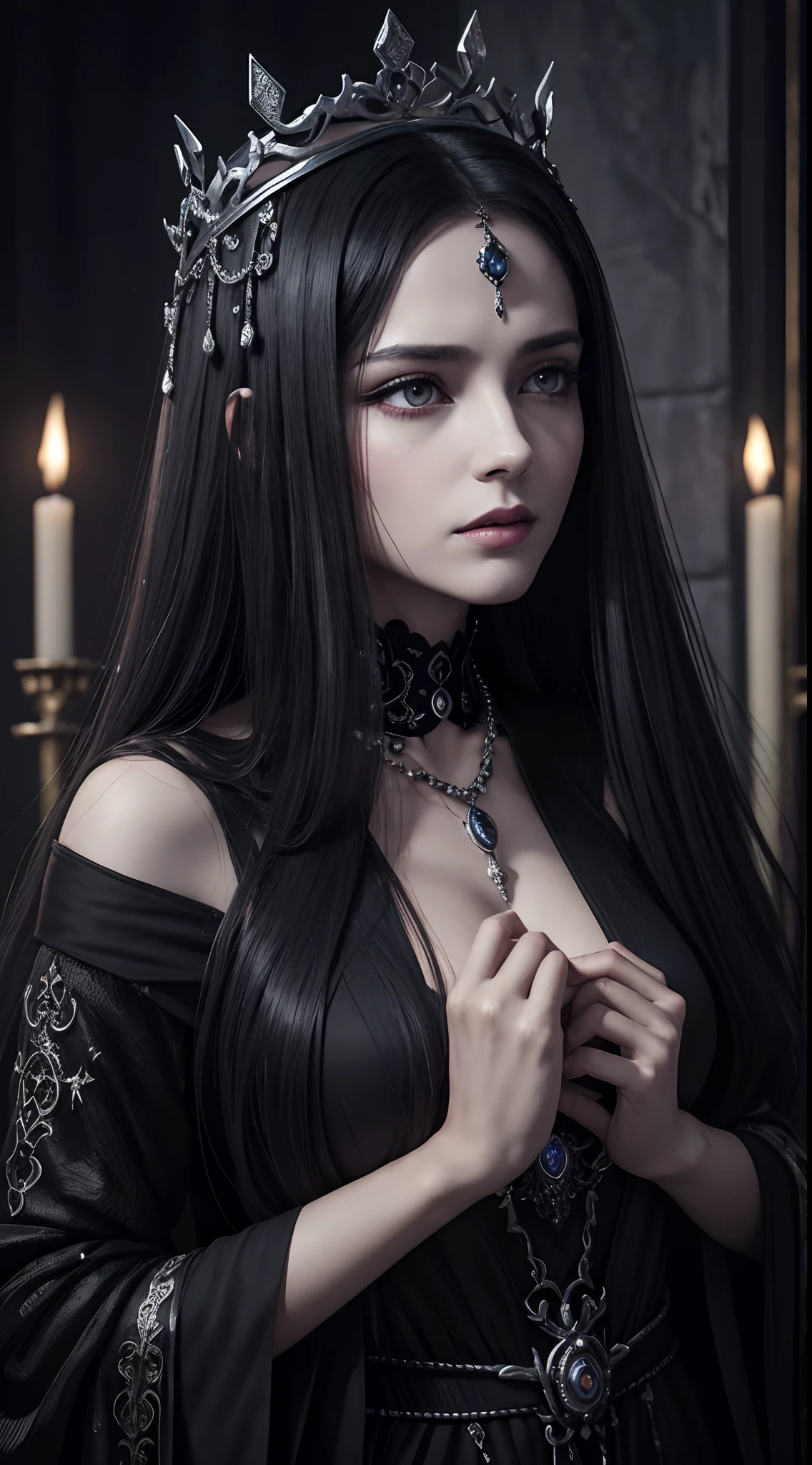 Black and silver tones、Hell、purgatory、Mozart's Requiem、Mystical、horor、gotik、darkness、karo、badas、epidemic、ruler、Pitch Black Darkness、hopelessness、lamentation、oppression、nothingness、intense cold、Black Ghost、Adult female mature woman in her 40s、Lifeless eyes、Queen of the Dead、Persephone、lilith、hades、Greatest awe、immortal、draconian、dignity、Awe-inspiring Hall々、Proud、noble、dignity、solemnity、Bewitching、accomplishment、hatred、obsession、jewely、ruthless、greed、Lack of warmth、3-point live method、Oil Painting、Best Quality、hight resolution、foco nítido、Perfect Angle、Perfect shadow representation、perfect-composition、From Side、Portrait of Queen D，Highly detailed footage of the Queen of the Dead，Stunning portrait of the Queen of the Exparted，Portrait of the Queen of the Dead，Queen of the Dead Full Body