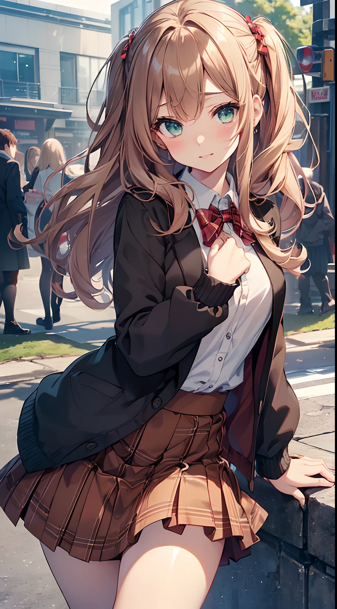 ((masutepiece, Best Quality, hight resolution, nffsw, Perfect Pixel, depth of fields, 4K, nffsw, nffsw))), 1girl in, Single, Solo, Beautiful anime girl, Beautiful Art Style, Anime Character, ((Long hair, Bangs, dark brown hair, Curly hair:0.8)), ((Green eyes:1.4, Detailed eyes, Beautiful eyes, Perfect eyes,Curly eyelashes, Realistic eyes)), ((Detailed face, Blushing:1.2)), ((Smooth texture:0.75, Realistic texture:0.5, Anime CG style)), medium breasts, Dynamic Angle, busty, Perfect body, Dynamic Pose, ((red bowtie, School uniform, Black jacket, Open jacket, Brown cardigan, White shirt, Black skirt, plaid skirts)), Smile, Open mouth, arms behind back, Leaning forward, Amulment Park, ((close up, POV, Cute, Shoot in the face))