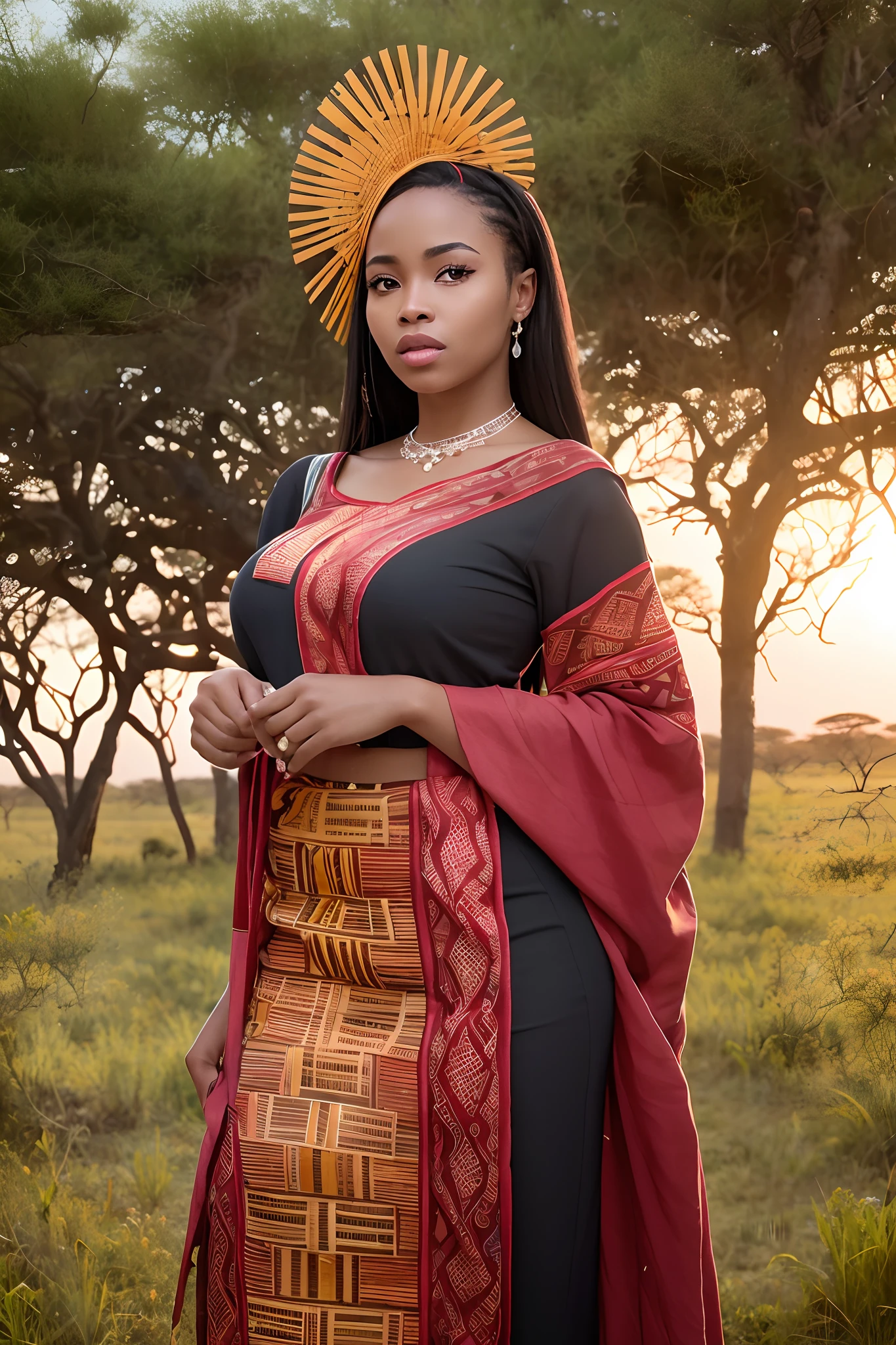 A captivating Kenyan woman, dressed in a striking Samburu warrior attire, standing beside a tranquil waterhole in the heart of the African savanna, her traditional clothing contrasts beautifully with the serene wilderness, capturing the essence of tradition in a modern world,