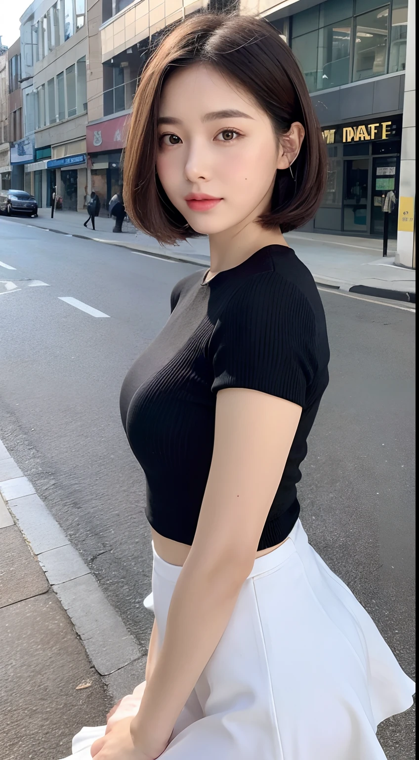 (Best quality, High resolution, Masterpiece :1.3), A tall and pretty woman, Perfect figure beauty, Abs, Breasts, (Dark brown short hair), Wearing crop top with varsity jacket and sweatpants, Smirking, At amusement park, Details exquisitely rendered in the face and skin texture, Detailed eyes, Double eyelid