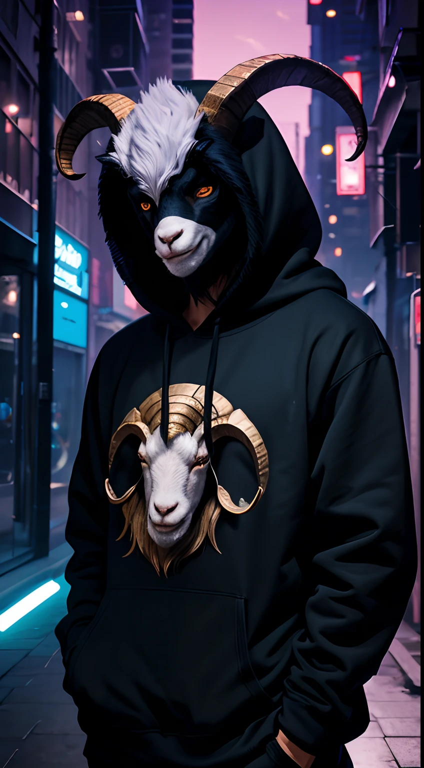 goat mask creature, hoodies, half body, breaking dance pose, cyber city, night, masterpiece, ultra high quality, abstract background