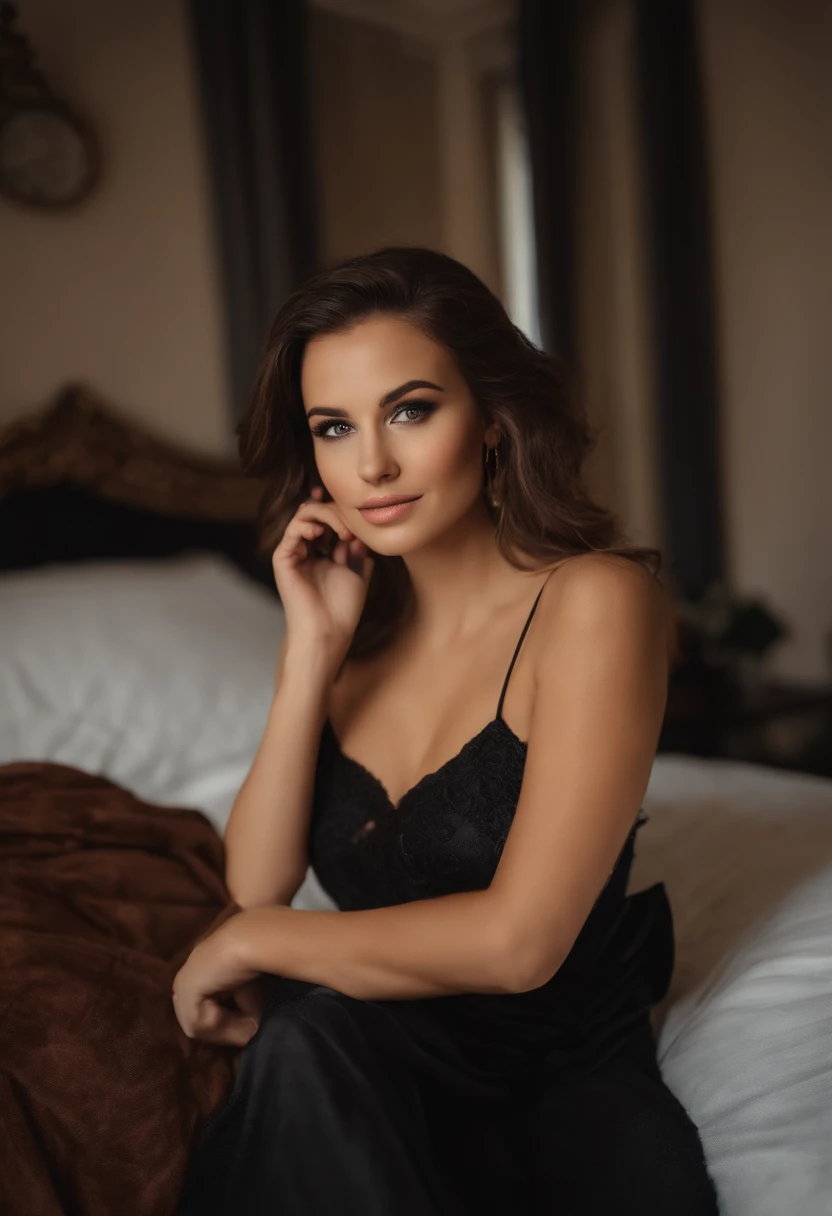 Photography of 1 great girl from 23 years old , Porter is a robe de soirée with cleavage , braune Haare ,In Frankreich mit der Eiffelturmtour , Full body photo, smiling, Schlafzimmerblick in die Kamera , Spectacular lighting, Herrlich, (Deep cleavage), Bauchfrei, Minirock, Foto-Shooting, Western, (Meisterwerk), best quality, high resolution, extremely detailed background, Haut mit Poren, , Kinobeleuchtung abgeschlossen