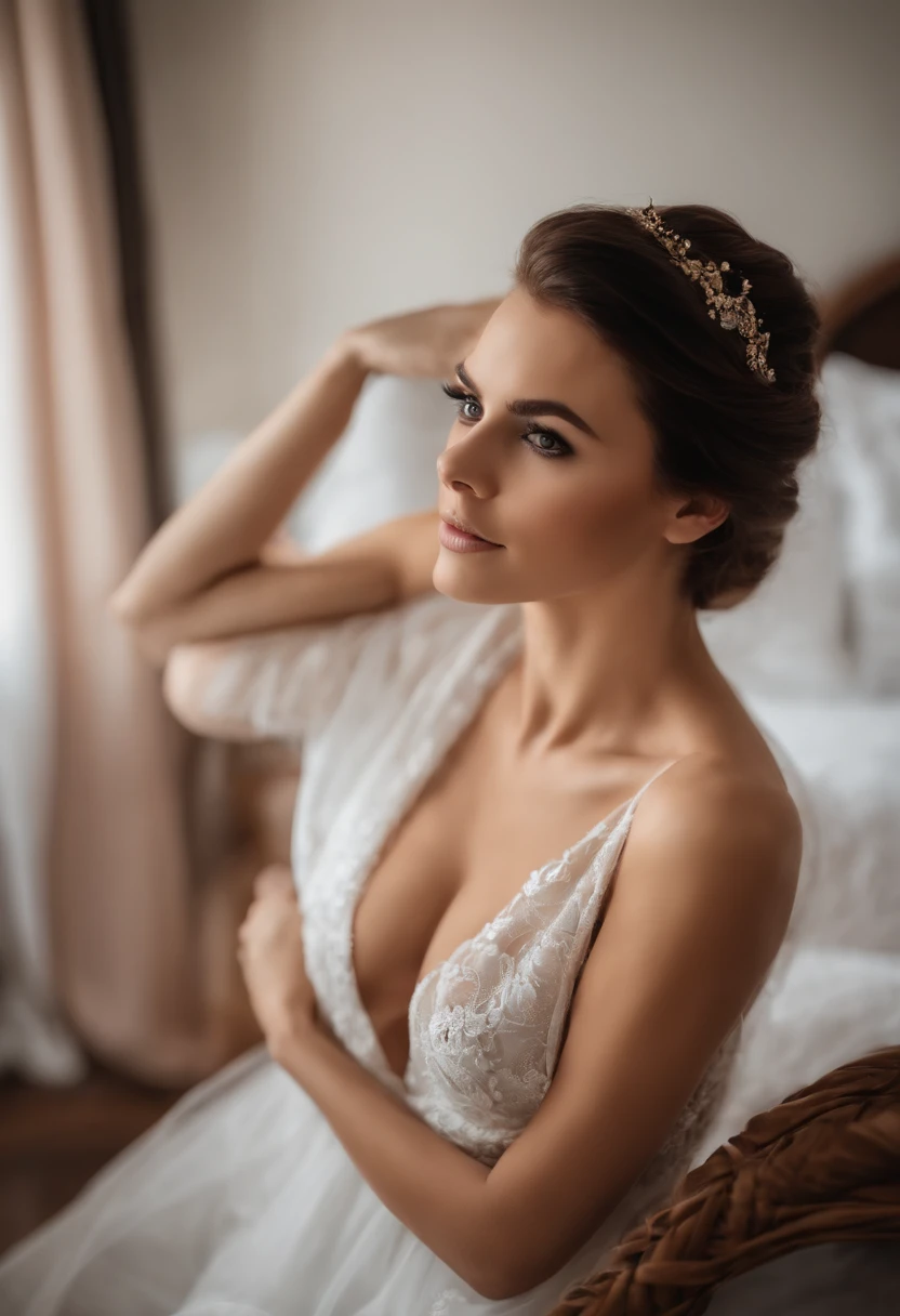 arafed junge frau mit schwarzen kleidern, Sexy girl, pretty face with brown eyes, portrait, brown hair and big eyes, medium to large bust, Southern appearance, Selfie einer jungen Frau, Augen im Schlafzimmer, ohne Make-up, Natural makeup, Blick direkt in die Kamera, Gesicht mit Artgram, dezentes Make-up, Stunning full body shot, im Schlafzimmer, Spaltung