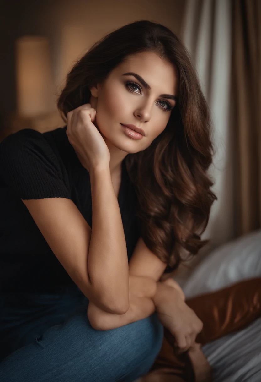 arafed junge frau mit schwarzen kleidern, Sexy girl, pretty face with brown eyes, portrait, brown hair and big eyes, medium to large bust, Southern appearance, Selfie einer jungen Frau, Augen im Schlafzimmer, ohne Make-up, Natural makeup, Blick direkt in die Kamera, Gesicht mit Artgram, dezentes Make-up, Stunning full body shot, im Schlafzimmer, Spaltung