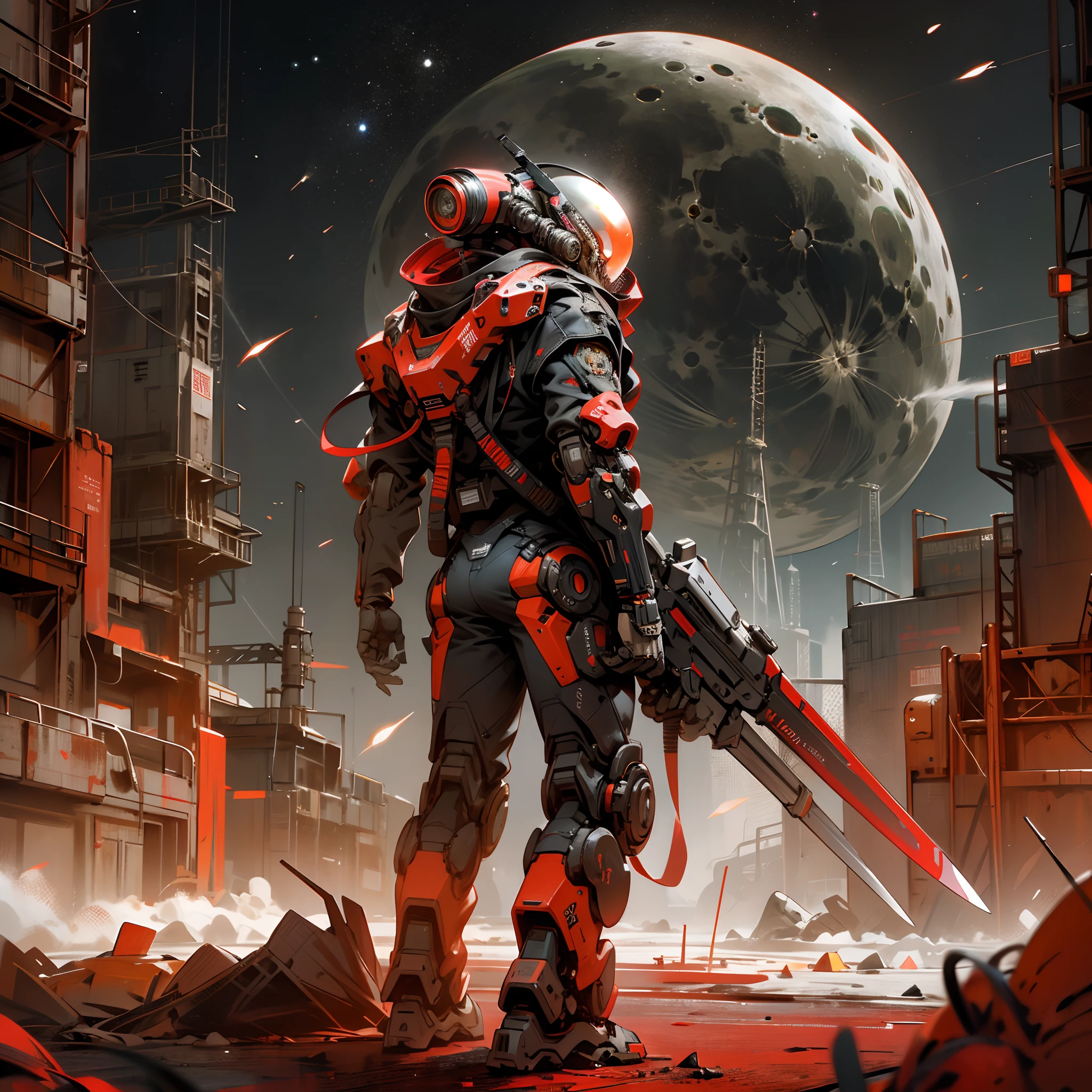 On the moon, Red is the main color, holding_weapon, no_humans, lowing_eyes, robot, Milky Way Galaxy background,neon,cyberpunk,
best quality, masterpiece, absurdres, monochrome, game cg,