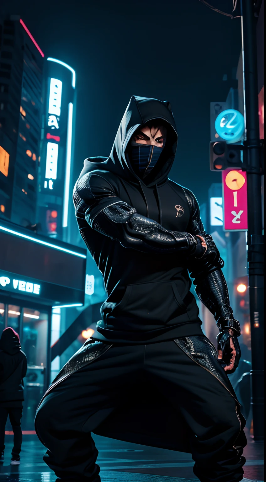 snake mask creature, hoodies, half body, breaking dance pose, cyber city, night, masterpiece, ultra high quality, abstract background