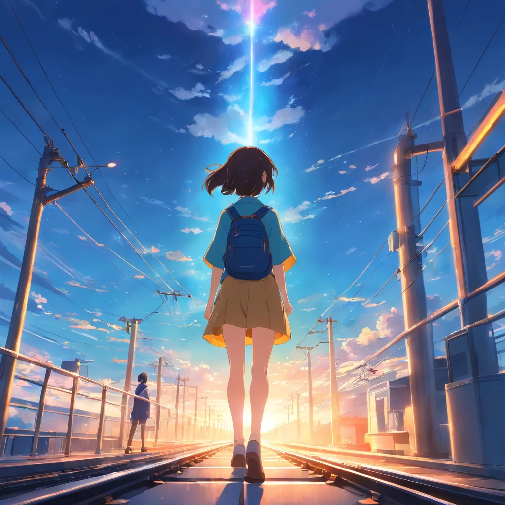 tmasterpiece，best qualtiy，cinematic Film still from，The girl watched the train drive away，​​clouds，Floating in the sky，Faraway view，brightly，cheerfulness，Warm and soft lighting，the sunset，（spark of light：0.7）