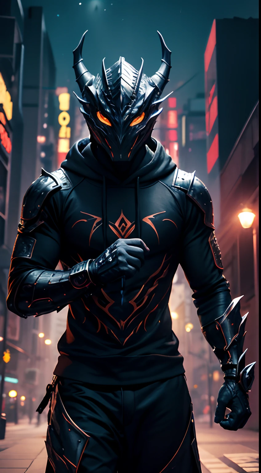 dragon mask creature, hoodies, half body, breaking dance pose, cyber city, night, masterpiece, ultra high quality, abstract background