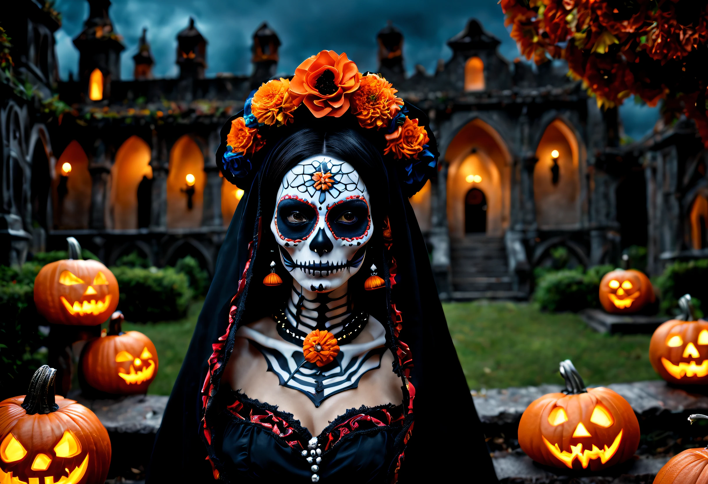 (medium full shot) of (skeleton bride) young woman, wearing a midnight black floral patterned dress with intricate details, colorful face art, beaded necklace, set at Dia de Muertos, in a mystical cemetery, with foggy pathways, glowing candles, intricate grave decorations, mystical atmosphere, and ethereal marigold arrangements, during sunset, woman smiling, Masterpiece,best quality, photo, realistic, very aesthetic, detailed face,