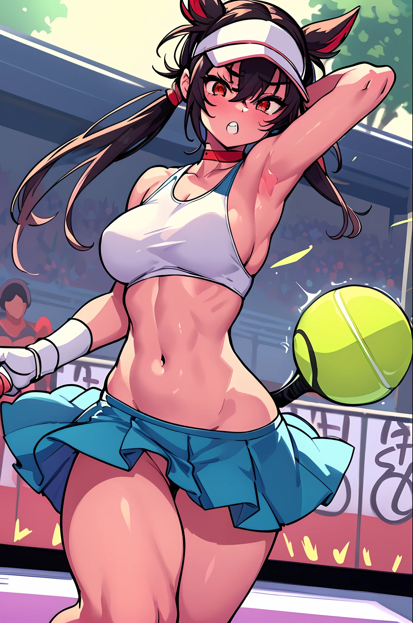 (top-quality、hight resolution、8k、masterpiece:1.2)、colourfull。Curvaceous but slender、Muchimuchi Body、Gachimuchi tennis player。Wilderness tennis courts、Powerful enough to cause ground cracks at the point where the tennis ball falls、Tennis Serve、Racket handling with outstanding destructive power、((Swing the racket in your hand downward、raise one leg back))、(The appearance of a tennis player:accessorized、Eyebrows、double tooth、canine teeth、poneyTail、Muscular nose、red blush、a choker、sun visor、Fleshy lips、Physical beauty、Two-dimensional world、well-muscled、Wacky fashion、Anime style、animesque、well-muscled、Devilish form、unreal)、Backgrounds with depth、The best lighting、active、Depiction in motion、Tennis balls with tremendous speed 1、grand slam、Blurry crowd in the distance、