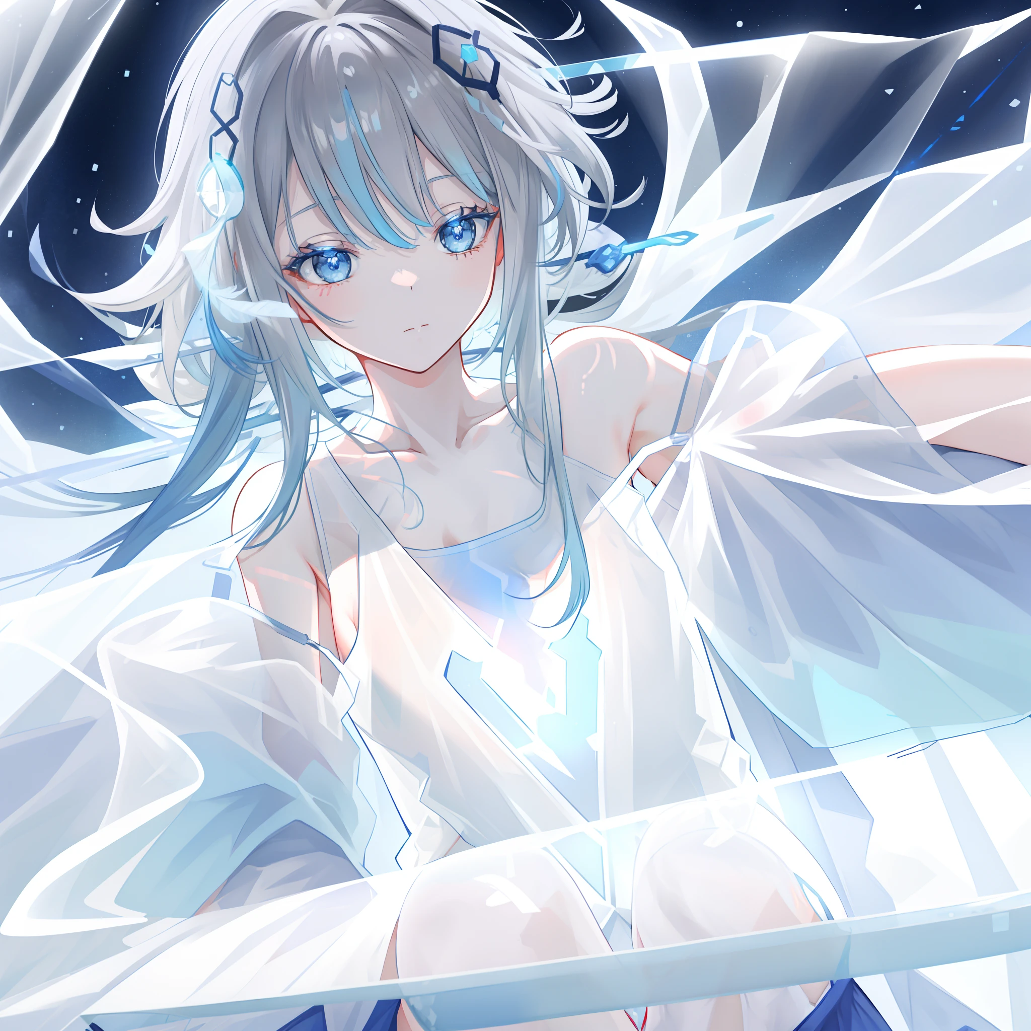 (((A close up: 1.1))) anime girl, (sleeping on a grassfield), (((half naked))), cinematic light, slim body with curves, skin is perfectly white, soft, (medium breasts), smooth, ((no nsfw)), Extremely delicate and beautiful CG illustration, best quality, high resolution, dynamic angle, full-length lens, (1 girl), floating, soft light, high-key lighting), glowing light, blue halo, feathers fluttering background, blue crystal, ((((wearing nothing but a white (transparent) tank top))))