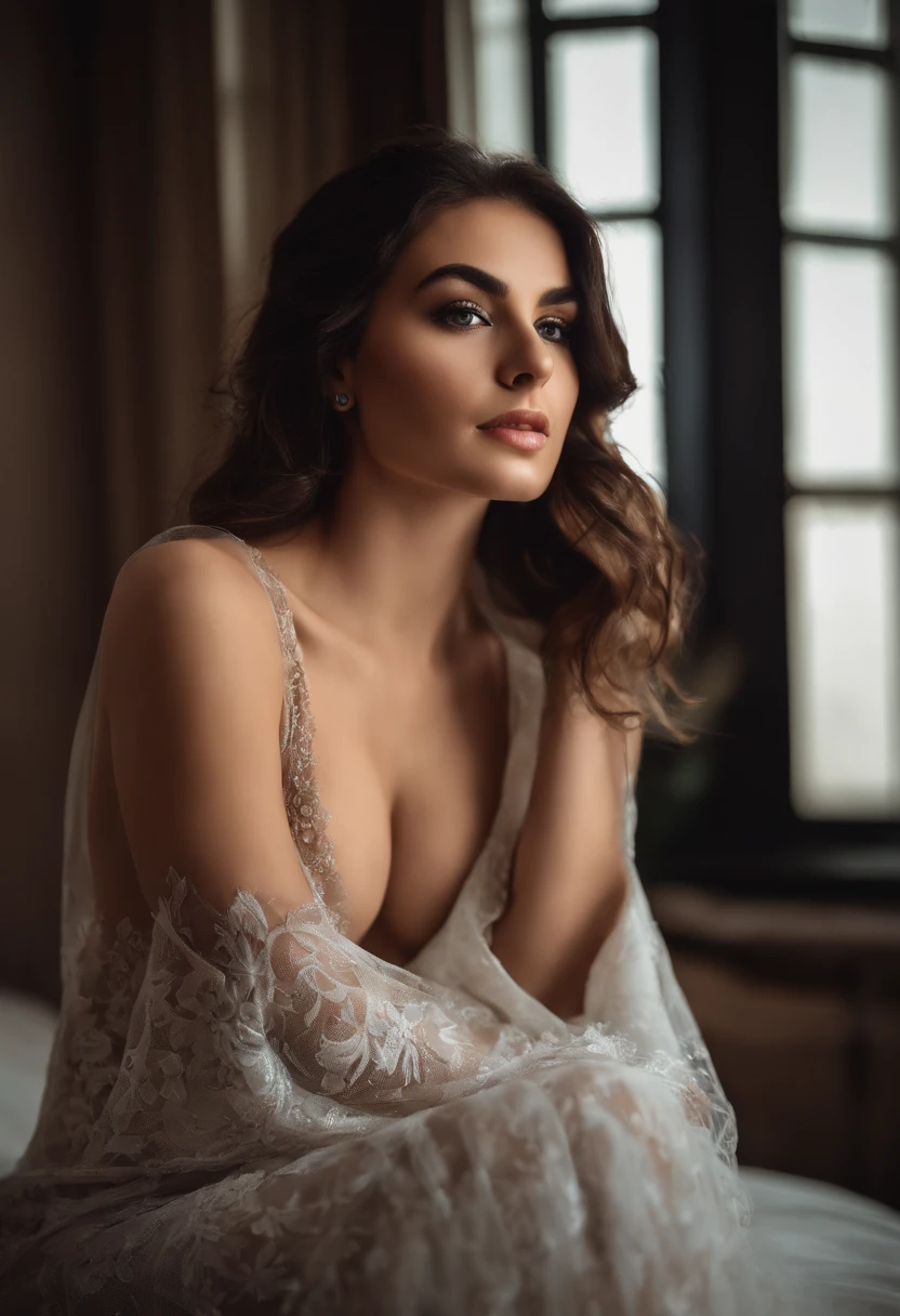 junge frau mit schwarzen kleidern, Sexy girl, pretty face with brown eyes, portrait, Black hair and big eyes, medium to large bust, Turkish appearance, Selfie einer jungen Frau, Augen im Schlafzimmer, ohne Make-up, Natural makeup, Blick direkt in die Kamera, Gesicht mit Artgram, dezentes Make-up, Stunning full body shot, im Schlafzimmer, Spaltung