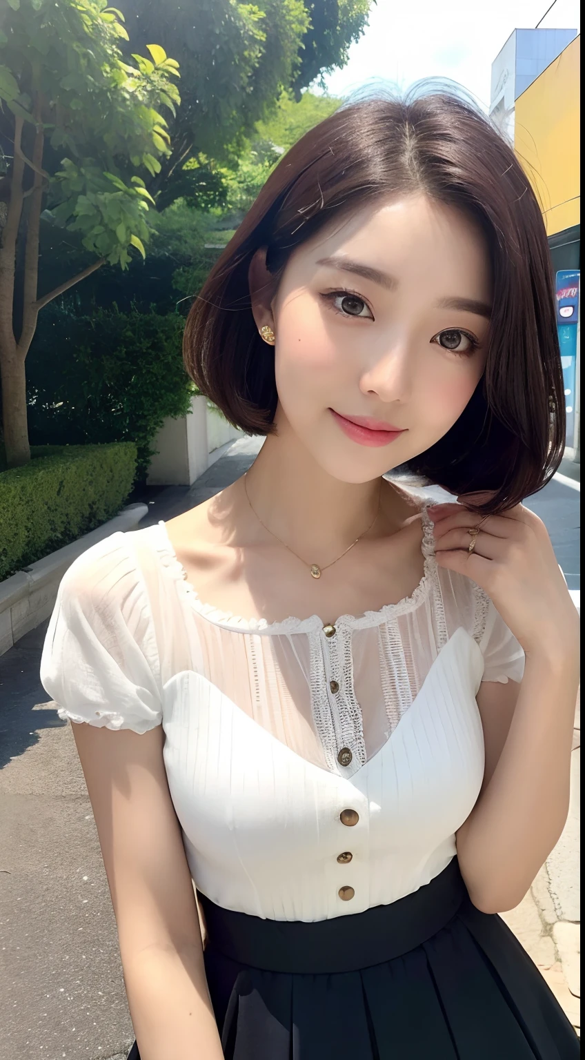 （（best qualtiy，8K，tmasterpiece：1.3）），Perfect beauty：1.4，glute：1.2，（Layered Hair Style：1.2）），（the street：1.3），Highly Detailed Face and Skin Textur，full bodyesbian，Elaborate Eyes，二重まぶた，Whitens the skin，Short wave hair，Cute Korean beauty（with a round face：1.5），（Black top，short  skirt：1.6）ssmile