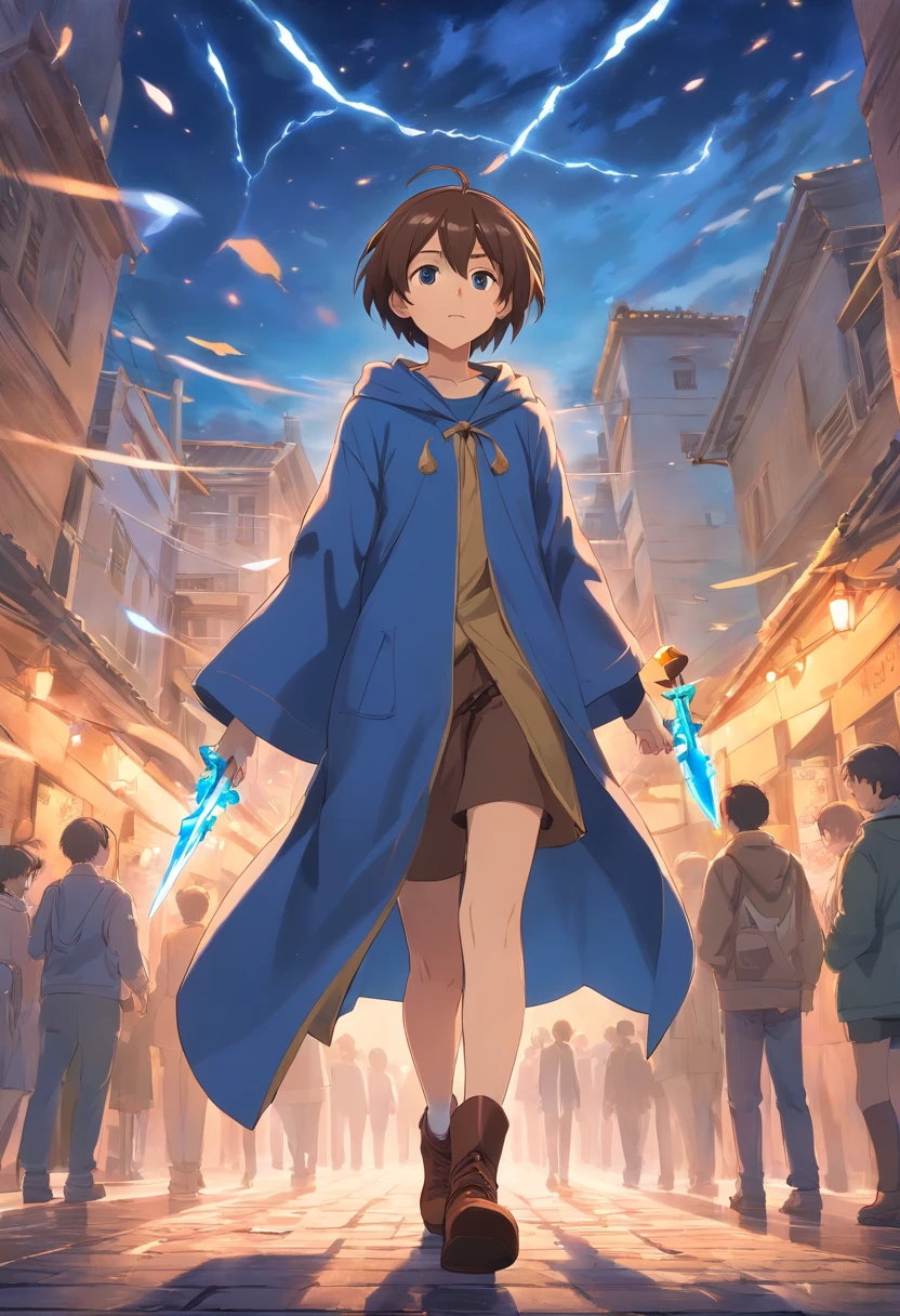 Anime Handsome Boy Realistic Face、8k ultra、fully body photo、Wearing a blue beret、Brown Shorthair、Long Brown T-Shirt、Silver breastplate、Wearing a brown cloak、、Grey protector、Grey boots、Greek palaces、Hold 4 tarot cards、The card glows、The sword of the brave is stuck in the ground、 Several corpses of monsters are falling(At the back、)