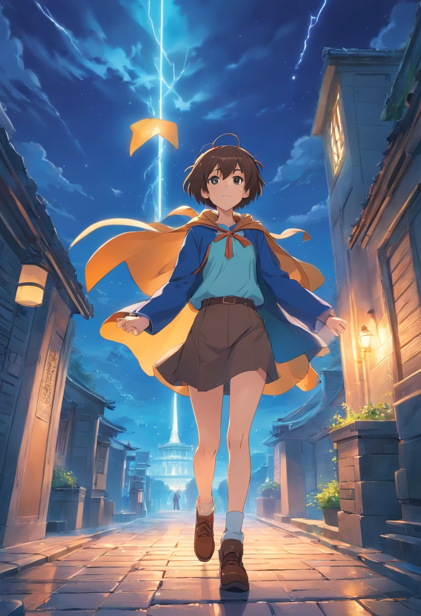 Anime Handsome Boy Realistic Face、8k ultra、fully body photo、Wearing a blue beret、Brown Shorthair、Long Brown T-Shirt、Silver breastplate、Wearing a brown cloak、、Grey protector、Grey boots、Greek palaces、Hold 4 tarot cards、The card glows、The sword of the brave is stuck in the ground、 Several corpses of monsters are falling(At the back、)