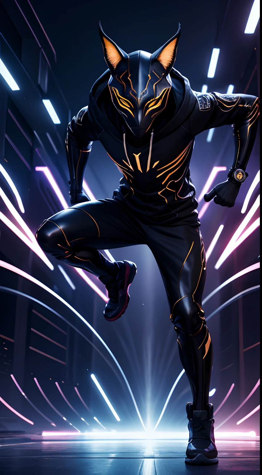 caracal mask creature, hoodies, half body, breaking dance pose, cyber city, night, masterpiece, ultra high quality, abstract background