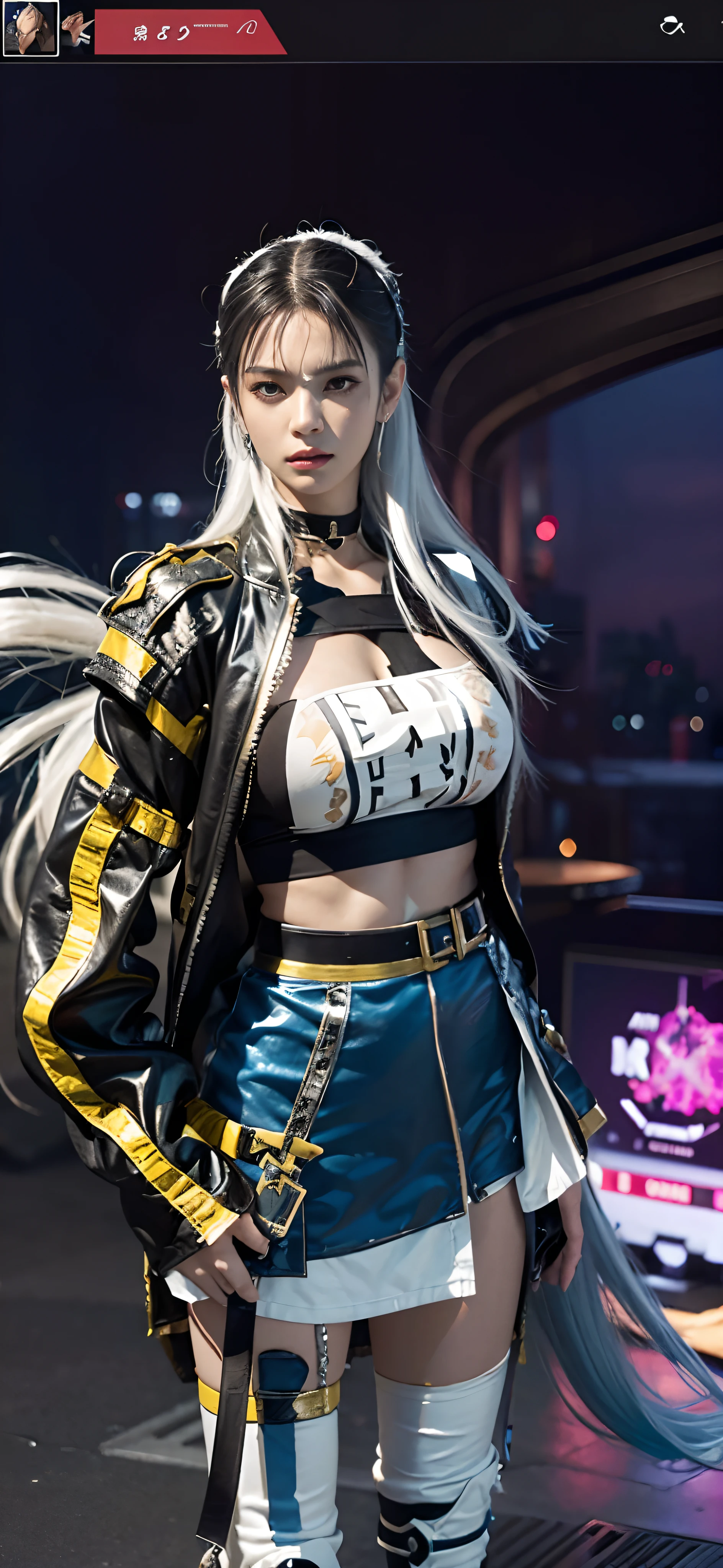 a close up of a person in a costume with a sword, as a character in tekken, female character, tifa lockhart with white hair, katana zero video game character, lunar themed attire, kda, slim body, cyborg - girl with silver hair, upper body avatar, (( medium breast;1.2)), fashion gameplay screenshot, fighting game character, new character, floralpunk elysian maiden, sigma female