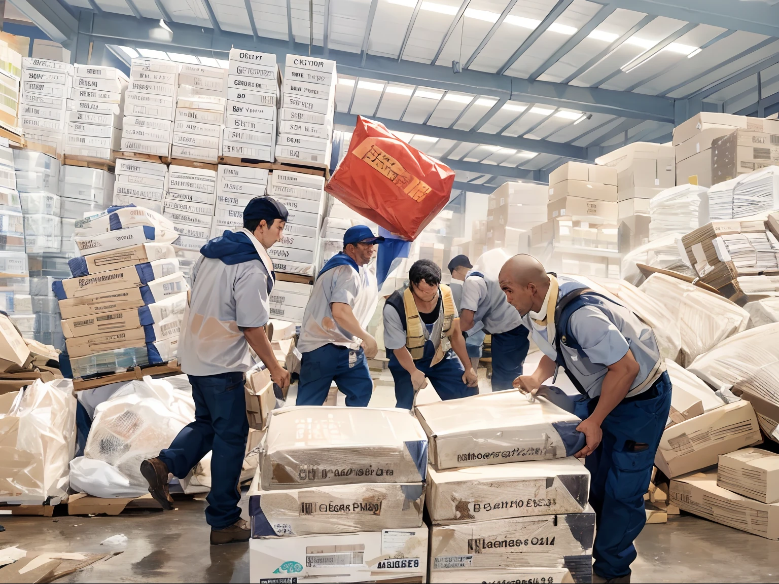 Several men carry goods in the warehouse, Disaster relief