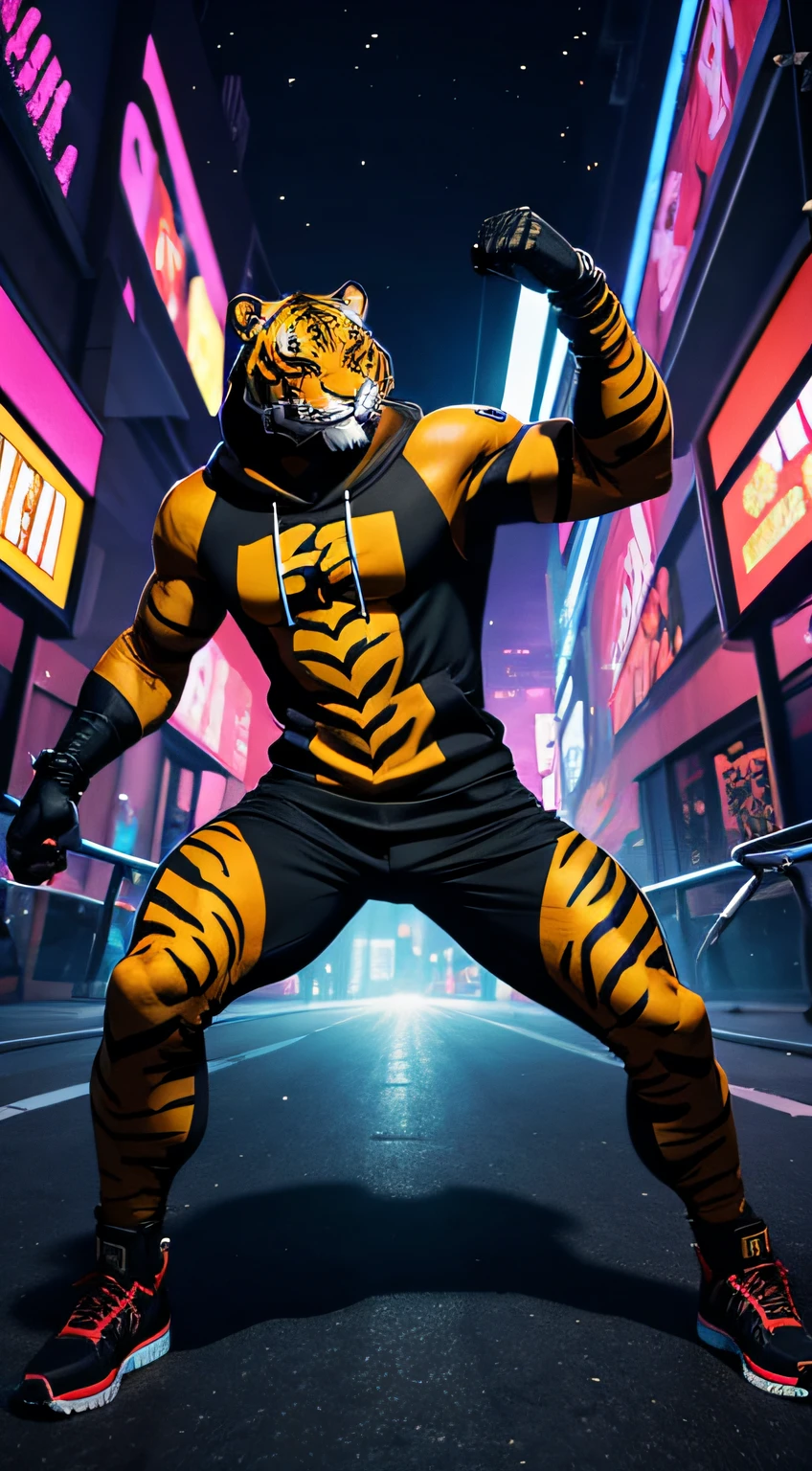 tiger mask creature, hoodies, half body, breaking dance pose, cyber city, night, masterpiece, ultra high quality, abstract background